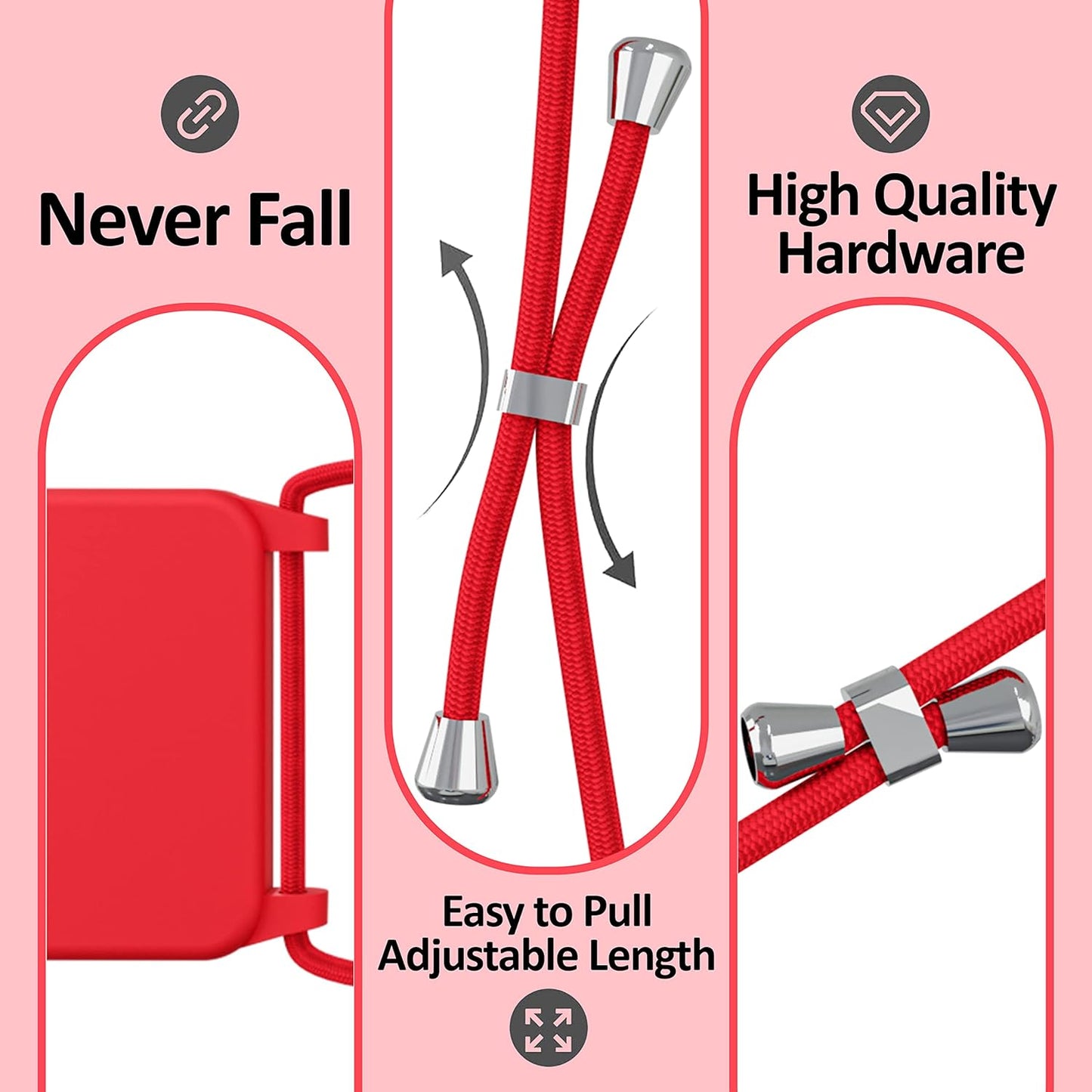 Blaspins Crossbody Strap Phone Case for iPhone 13 Pro Max, Adjustable Rope, Belt Neck Lanyard, String Detach Lanyard, Drop Proof Sturdy, Wrist Hand Free Protective Cover 6.7 inch 13 Pro Max - Red