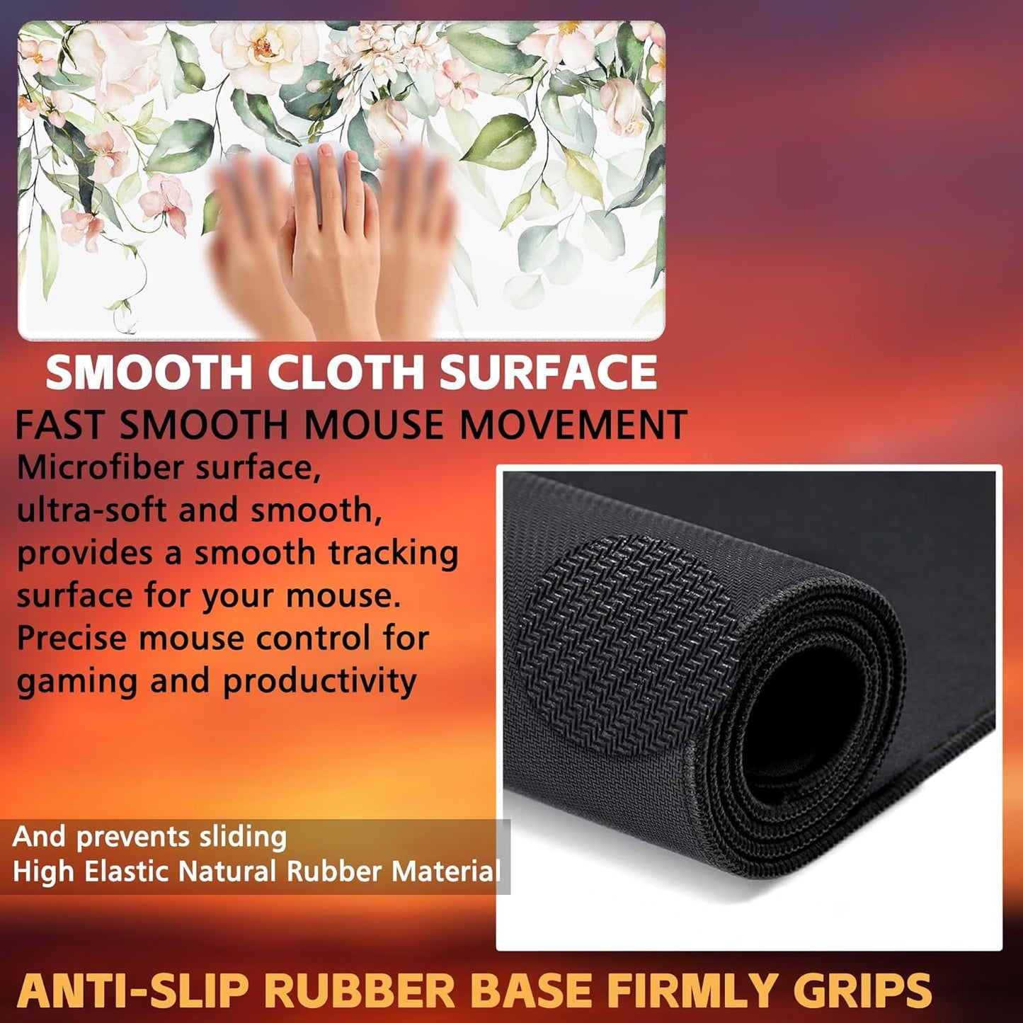 Desk Mat, Watercolor Pink Flowers Desk Pad, Green Leaves Flowers Large Gaming Mouse Pad for Desk, 31.5"x15.7" Extended Big Computer Keyboard Mouse Pad with Non-Slip Base and Stitched Edge