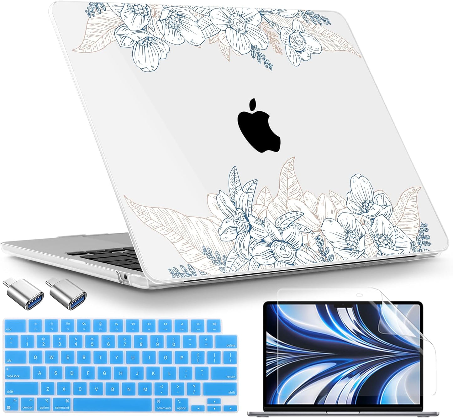 TWOLSKOO Compatible with M4 MacBook Air 13.6 inch Case 2025-2022 Release M4 A3240 M3 A3113 M2 A2681, Plastic Hard Shell & Keyboard Cover & Type C Adapter & Screen Protector, Engraved Sketch