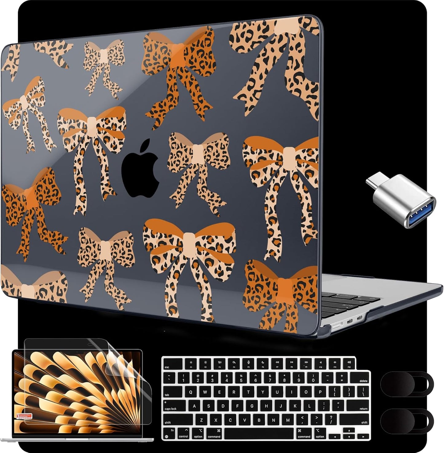 MEEgoodo for M4/M3/M2 MacBook Air 15.3 inch Case 2025 2024 2023, Case Fit Model (A3241/A3114/A2941) for MacBook Air 15 inch, Laptop Hard Shell with Keyboard Cover, Ribbon Bow with Leopard Skin