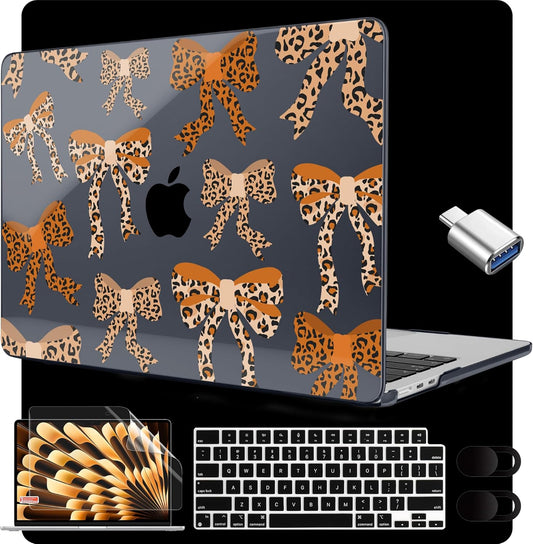 MEEgoodo for M4/M3/M2 MacBook Air 15.3 inch Case 2025 2024 2023, Case Fit Model (A3241/A3114/A2941) for MacBook Air 15 inch, Laptop Hard Shell with Keyboard Cover, Ribbon Bow with Leopard Skin