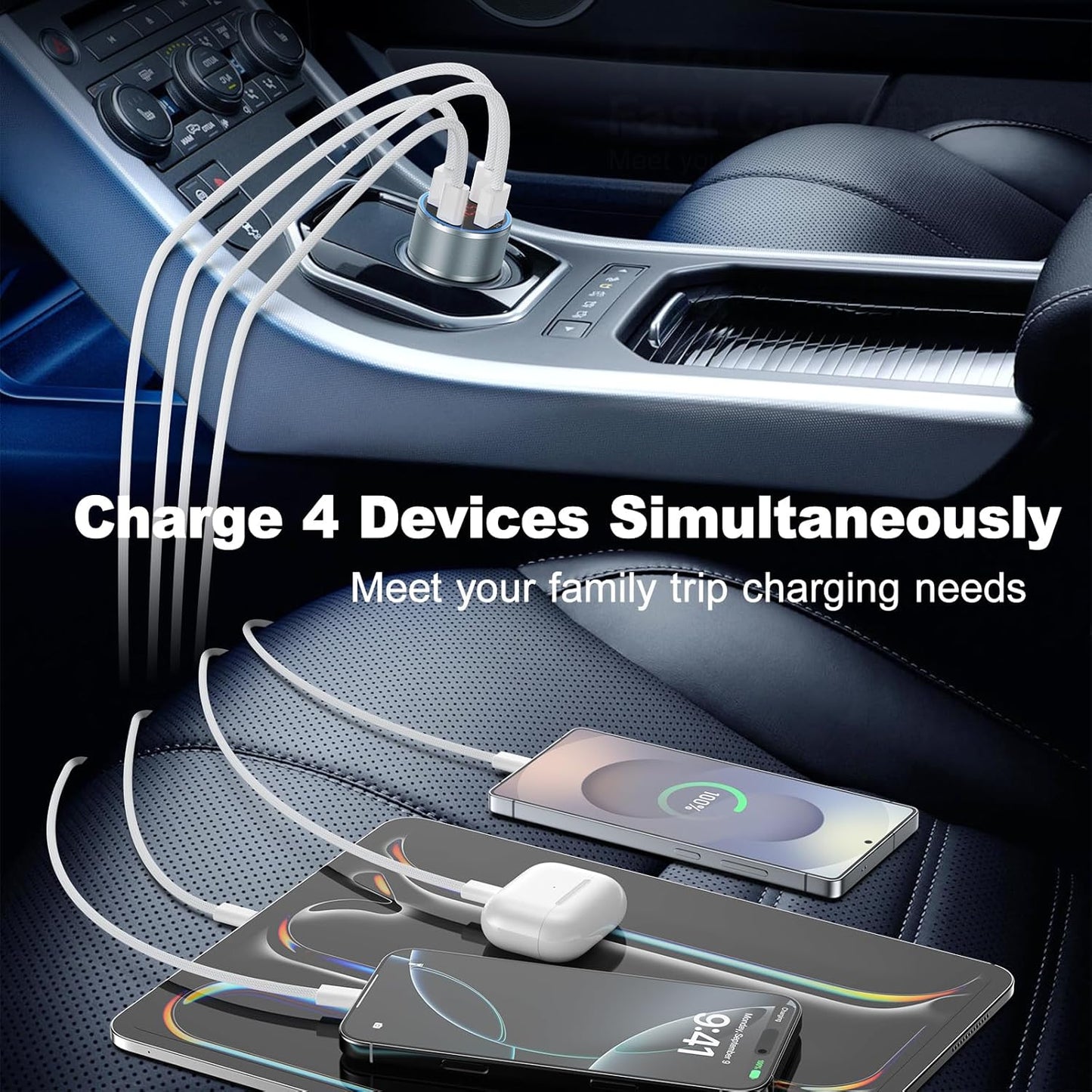 iPhone Fast Car Charger, 65W 4-Port USB C Car Phone Charger Adapter with 2x6FT USB C Cable, Multi Port Cigarette Lighter USB Charger with Voltage Display for iPhone 16 15 Pro Max,iPad,Samsung, Android
