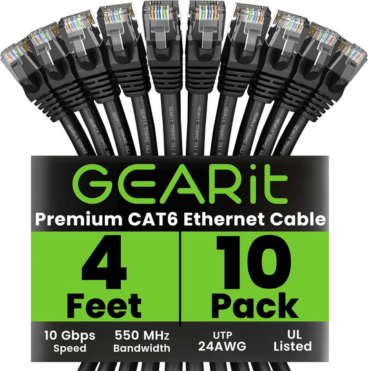 GearIT Cat 6 Ethernet Cable (10-Pack 4 Feet) Cat6 Network Patch, 10Gbps, RJ45, Snagless Cord, Gold-Plated Connectors, Internet for PC, TV, Tablet, Router, Printer, Servers, IT Data Center - Black
