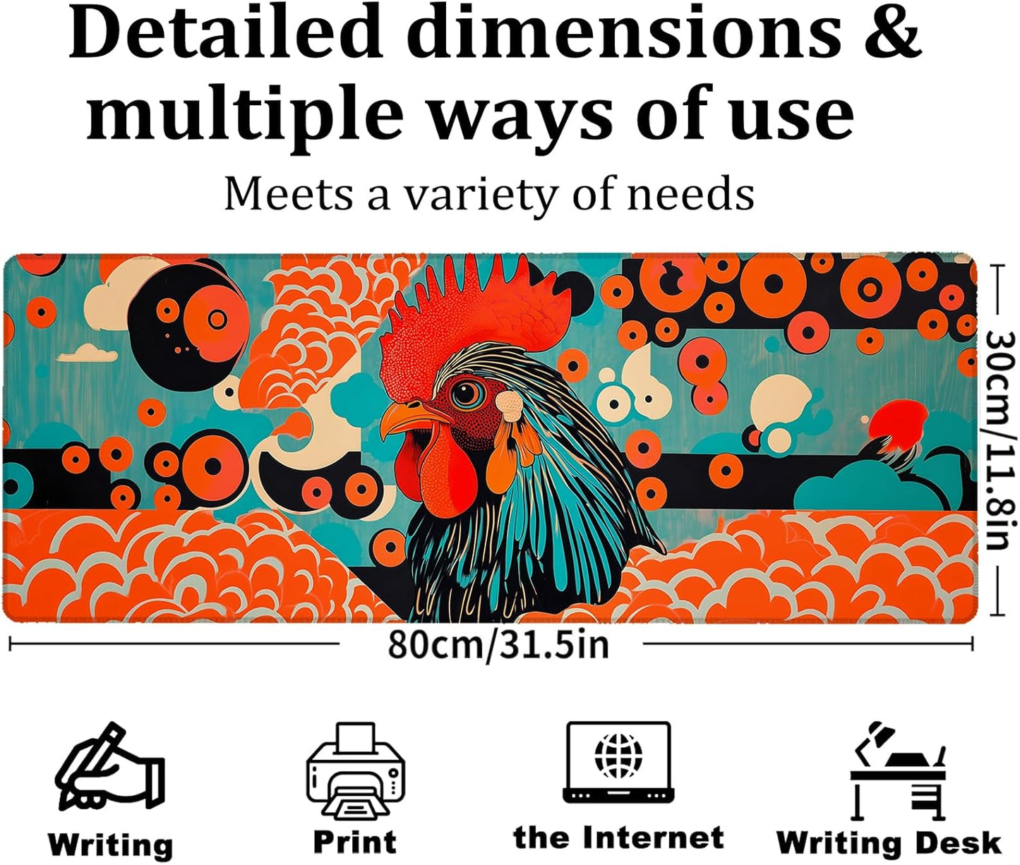 Art Rooster Gaming Mouse Pad, Large Office Desk Mat, Anti-Slip Rubber Base Mousepad for Computer Laptop Keyboard, Smooth Desk Pad for Home Office Gamer Work Accessories 31.5" x 11.8"