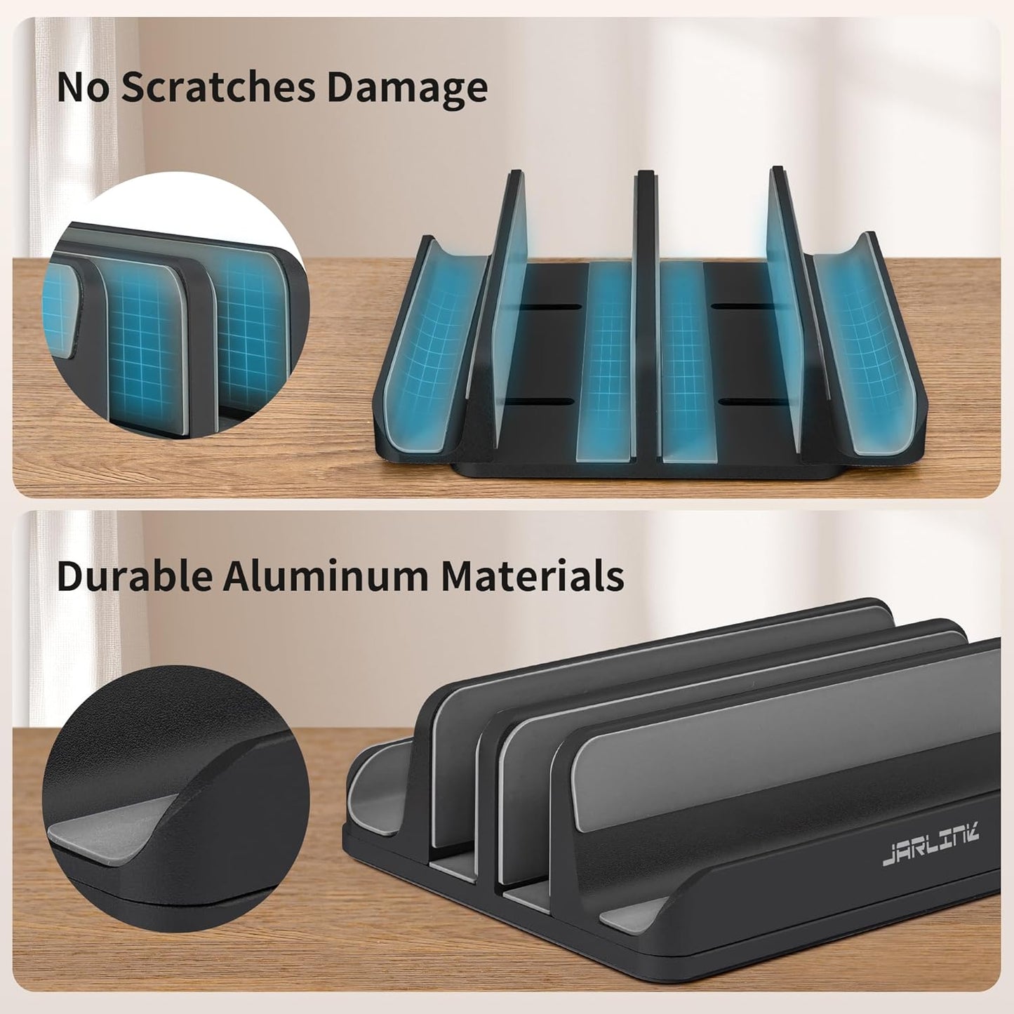 JARLINK 4-in-1 Adjustable Vertical Laptop Stand Holder, Aluminum Dual Slots Laptop Rack for Desk, Space-Saving Organizer Compatible with All MacBook, Surface, Chromebook, and Gaming Laptops (Black)