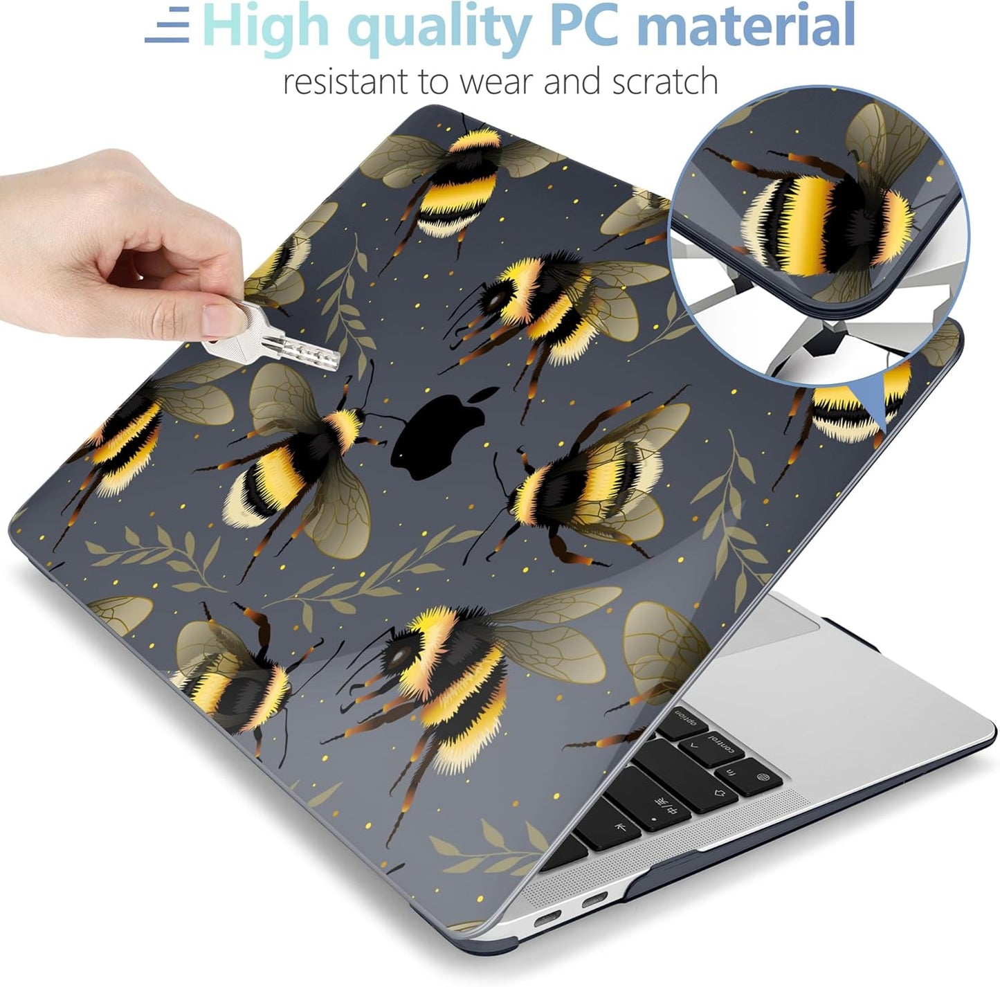MEEgoodo for MacBook Air 13.3 inch Case 2021 2020 2019 2018 A2337 M1 A2179 A1932, Laptop Shell with Keyboard Webcam Cover & Trackpad Film & Type C Adapter for MacBook Air M1, Bumblebee & Leaves