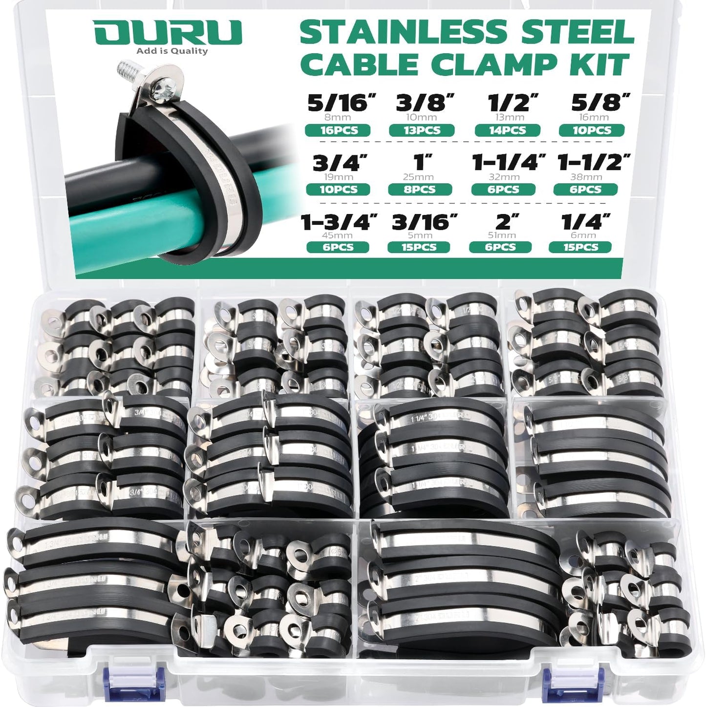 125PCS Cable Clamp,12 Sizes Stainless Steel Rubber Coated Cushioned Insulated Cable Clamps Assortment Kit-Metal Wire Clamps,Cable Clips,Pipe Clamps