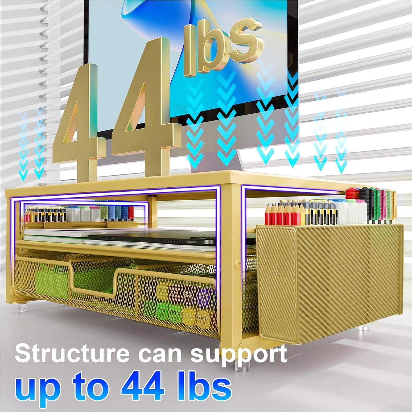 gianotter Desk Organizers and Accessories, Monitor Stand with Drawer and 2 Pen Holder, Desktop Organizer Suitable for Offices and Dormitories (Gold)