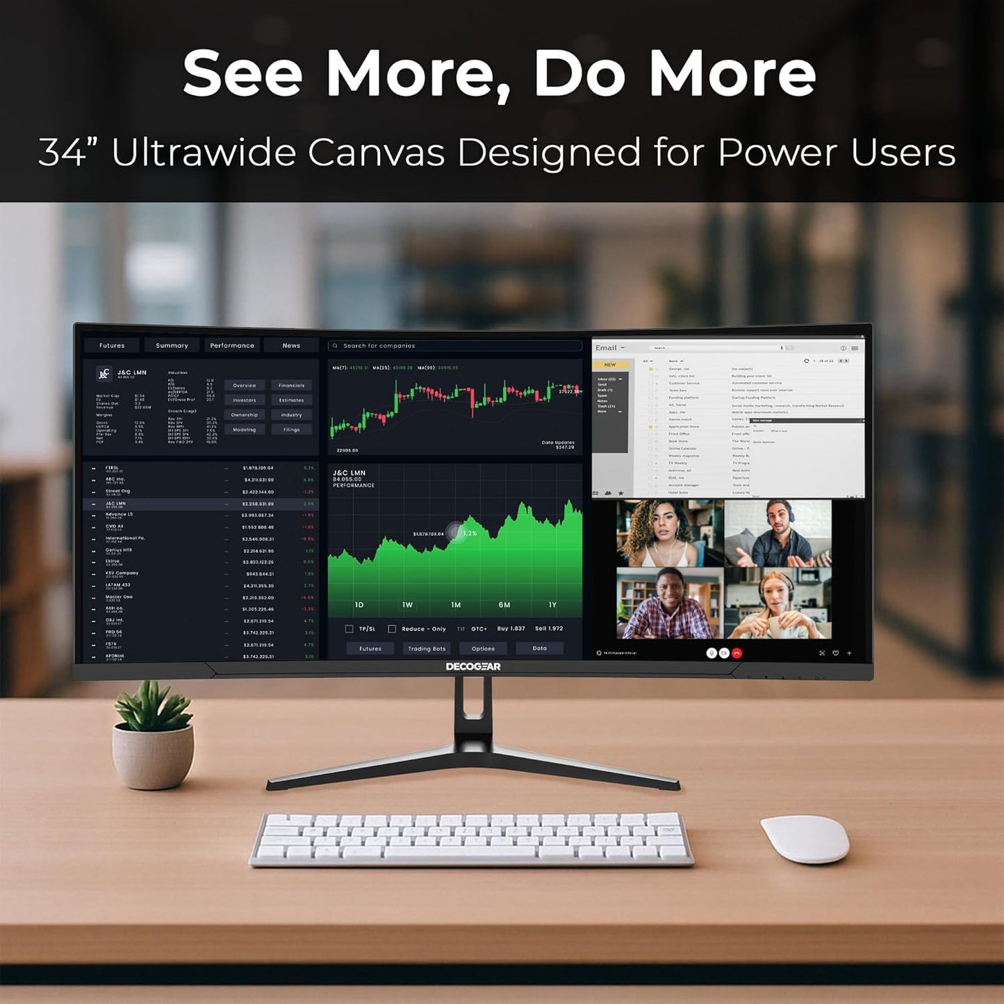 Deco Gear 34” Curved Ultrawide Business Monitor | 3440x1440, 100Hz, 1500R, 99% sRGB | Adjustable Stand, 2 HDMI and 2 DisplayPort | HDR, Low Blue Light, PIP/PBP