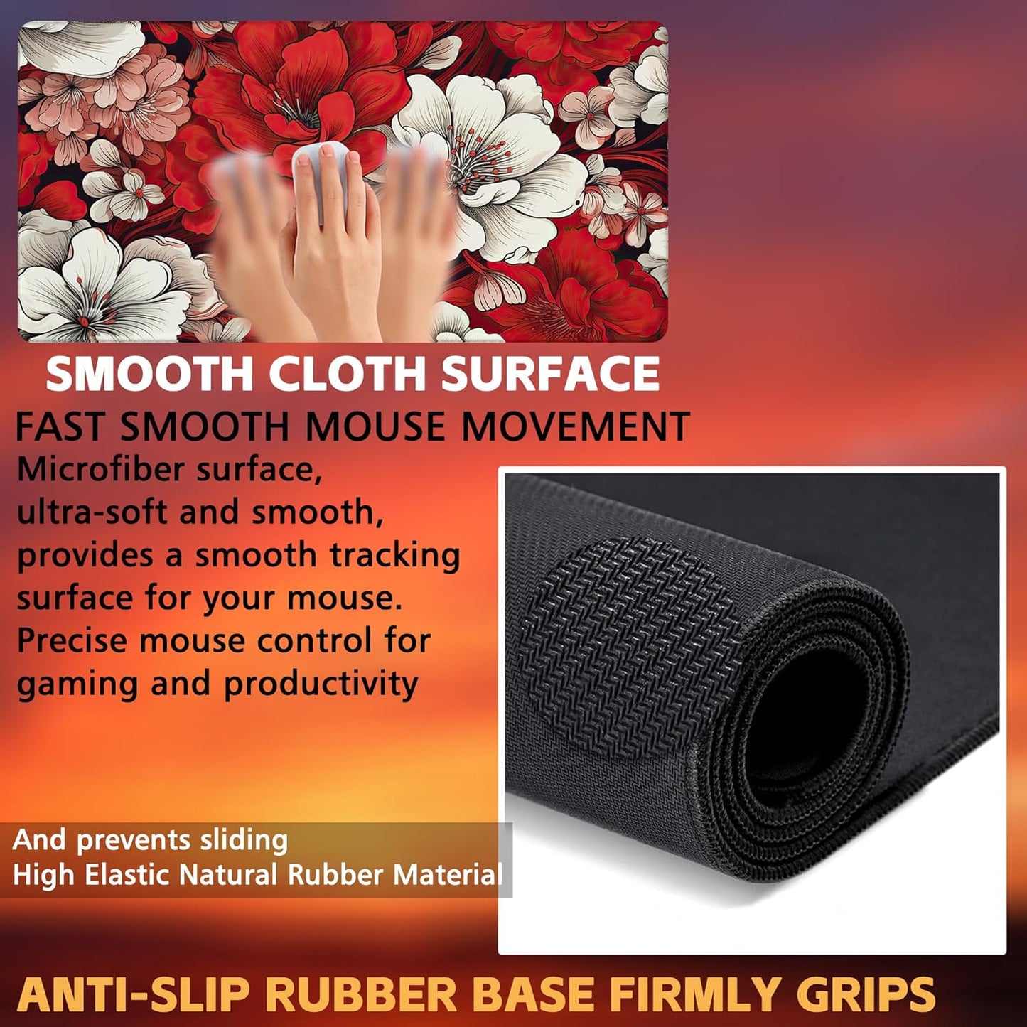 Desk Pad, Red and White Flowers Desk Mat, Retro Red Floral Large Gaming Mouse Pad, 31.5"x15.7" Extended Big Computer Keyboard Mouse Pad with Non-Slip Base and Stitched Edge