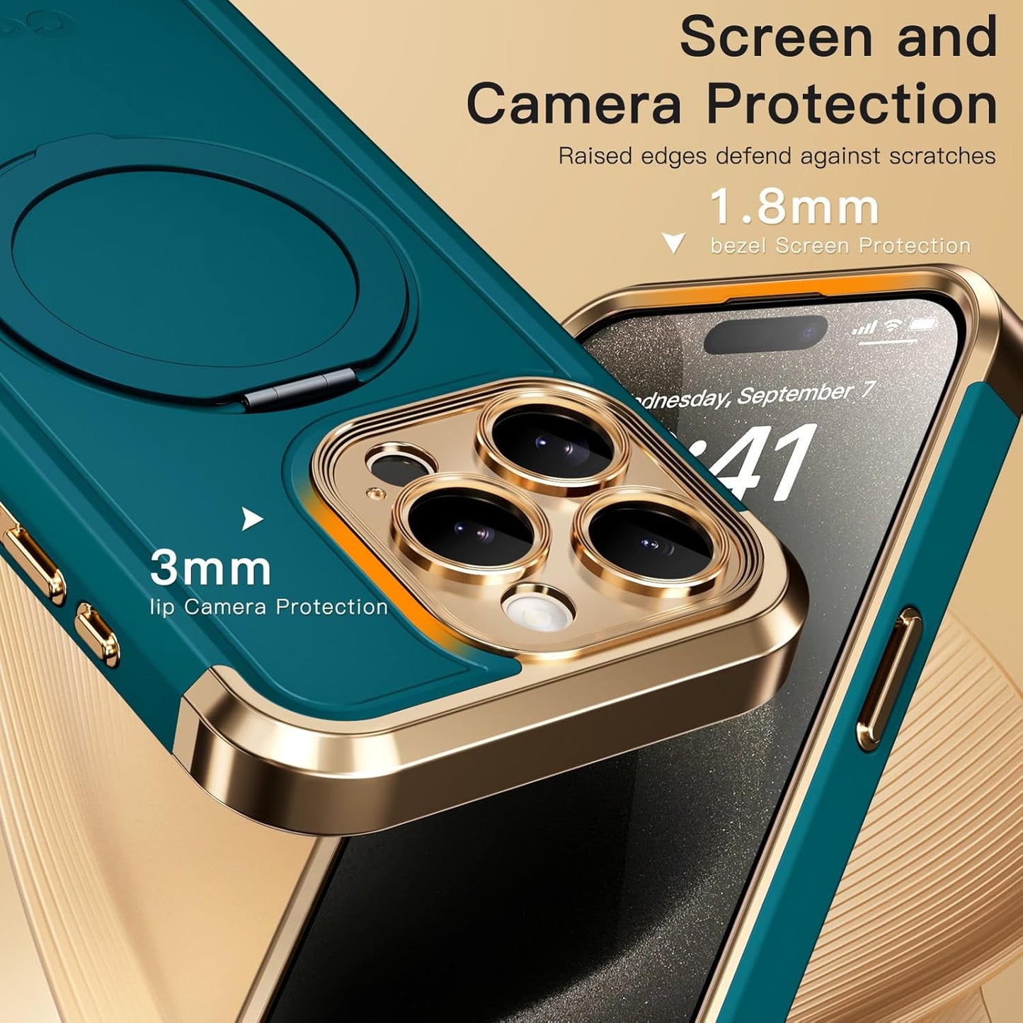 COOLQO for iPhone 14 Pro Case 6.1'' Upgraded 360° Spin Magnetic Stand [Compatible with Magsafe][Military Protection] Shockproof Protective Phone Holder Cover for iPhone 14 Pro, Green Gold