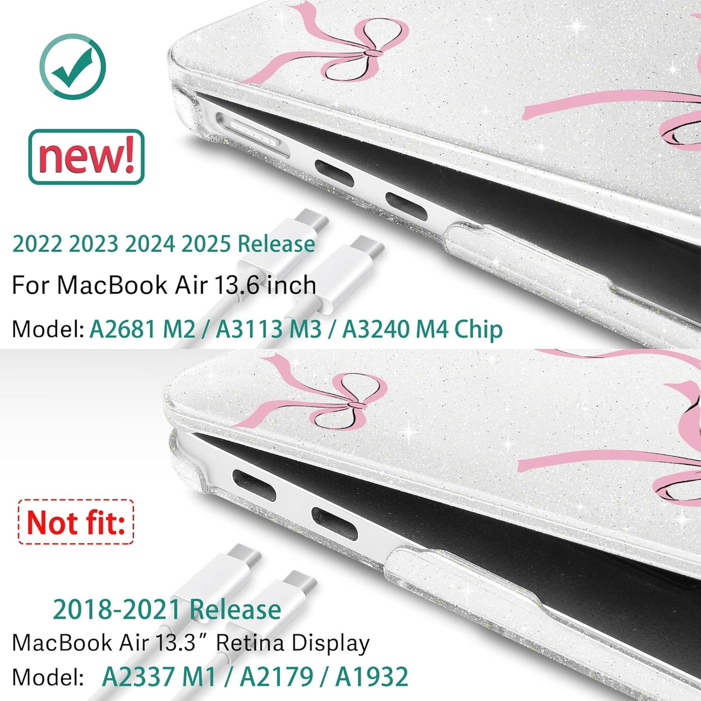 May Chen for MacBook Air 13.6 inch Case A3240 M4 A3113 M3 A2681 M2 with Retina Dispaly, 2025 2024 2023 2022 Release, Plastic Hard Shell Case with Screen Protector & Keyboard Cover, Clear Glitter Bow