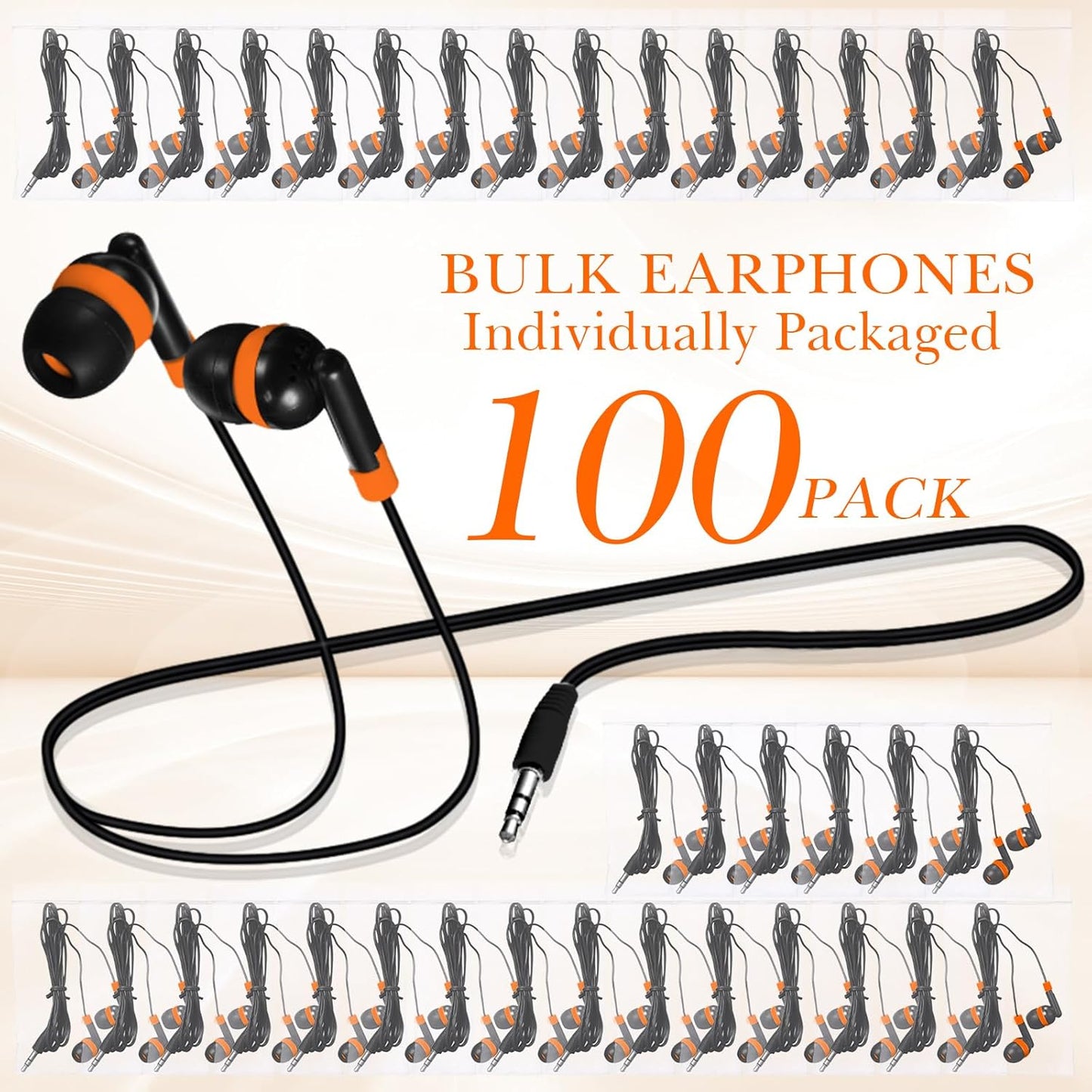Kanayu 100 Pack Wired Earbuds Bulk for Classroom Ear Headphones Wired Basic Student Earbuds No Microphone with 3.5mm Jack for Kids Class Laptop School Library, Individually Bagged(Orange)