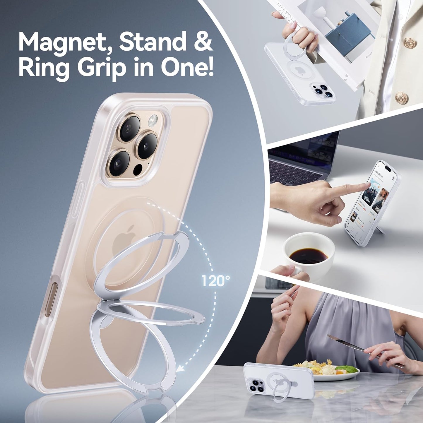 CASEKOO Designed for iPhone 16 Pro Case with Magnetic Invisible Stand [Military Drop Protection] [Compatible with MagSafe] Shockproof Slim Translucent Matte Case 6.3 Inch, Translucent White