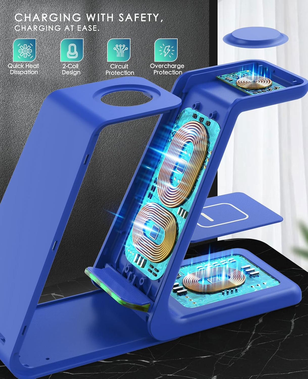 3 in 1 Wireless Charging Station, 2025 Upgraded Fast Desk Charger Station for iPhone 16 15 14 13 12 Pro Max Plus, Charger Stand for Apple Watch 10 9 8 7 6 5 4 3 2 SE, Airpods 4 3 2 Pro(Blue)