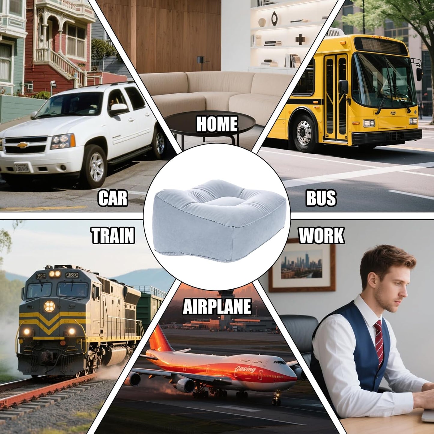 Inflatable Foot Rest Pillow - Portable, Non-Slip Base for Desk, Office Chair, Travel & Bed - Ergonomic Foot Support & Comfort (Grey)