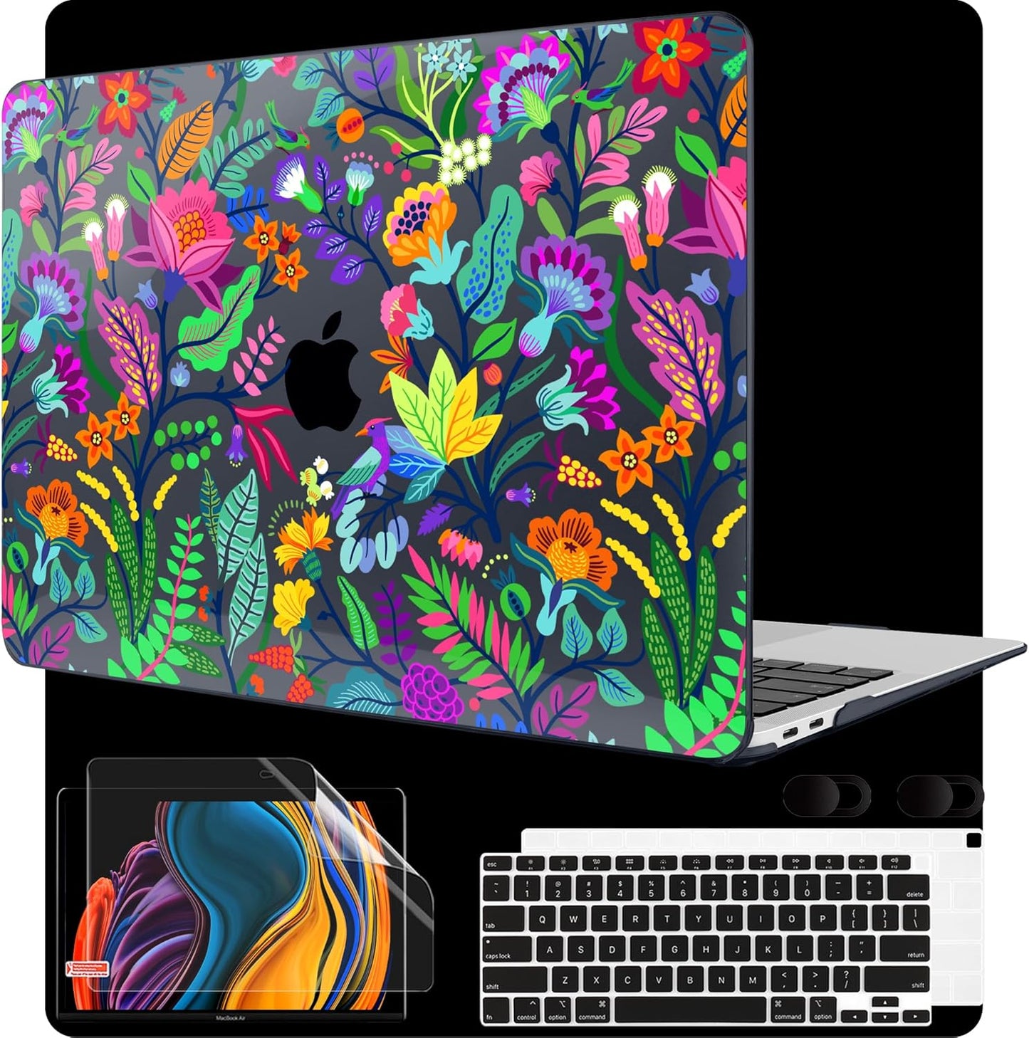 MEEgoodo for MacBook Air 13 inch Case 2021 2020 2019 2018 Released A2337 M1 A2179 A1932 with Touch ID, Plastic Shell & Keyboard Cover Compatible with MacBook Air 13.3, Bright Flowers & Tropic Leaves
