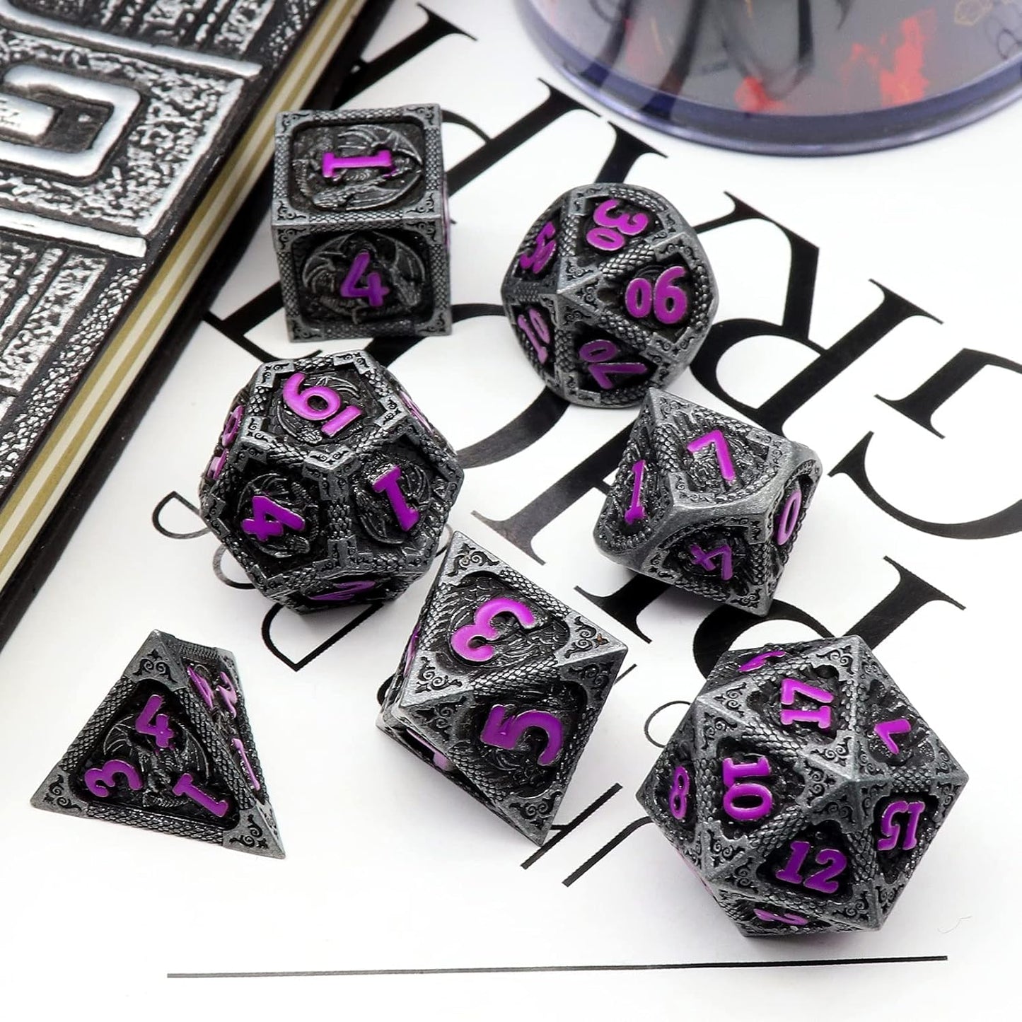 Haxtec Metal DND Dice Set Black Purple Dragon Pattern D&D Dice Set with Leather Dice Bag Metal Polyhedral Dice Compatible with Dungeons and Dragons TTRPG Gifts