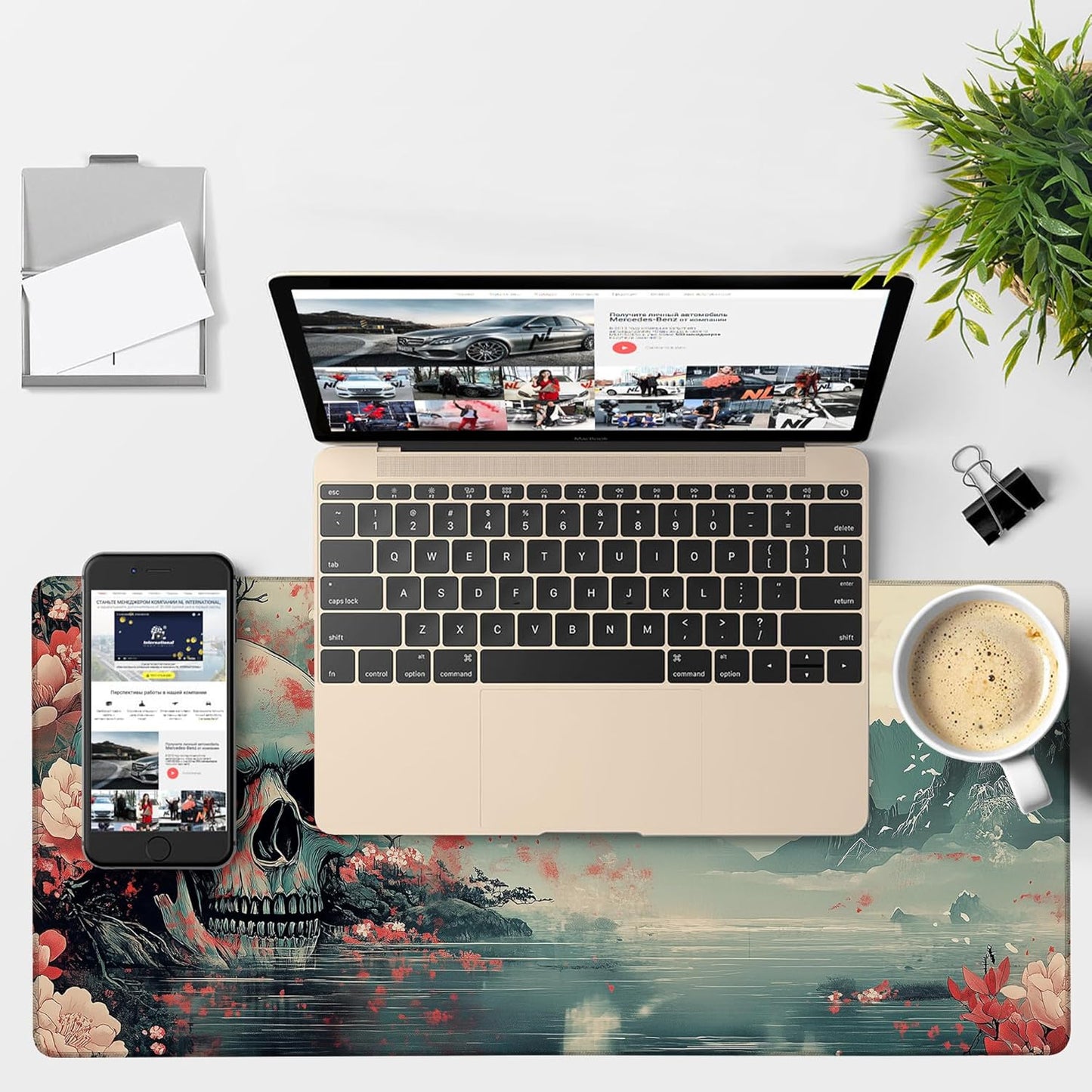 Gaming Desk Pad Large Extra Length Evil-Looking Skull Mouse Pad Keyboard Laptop Non-Slip Waterproof with Rubber Base Thick Stitched Edge Mouse Mat for Office Home 35.4 x 15.7 Inches