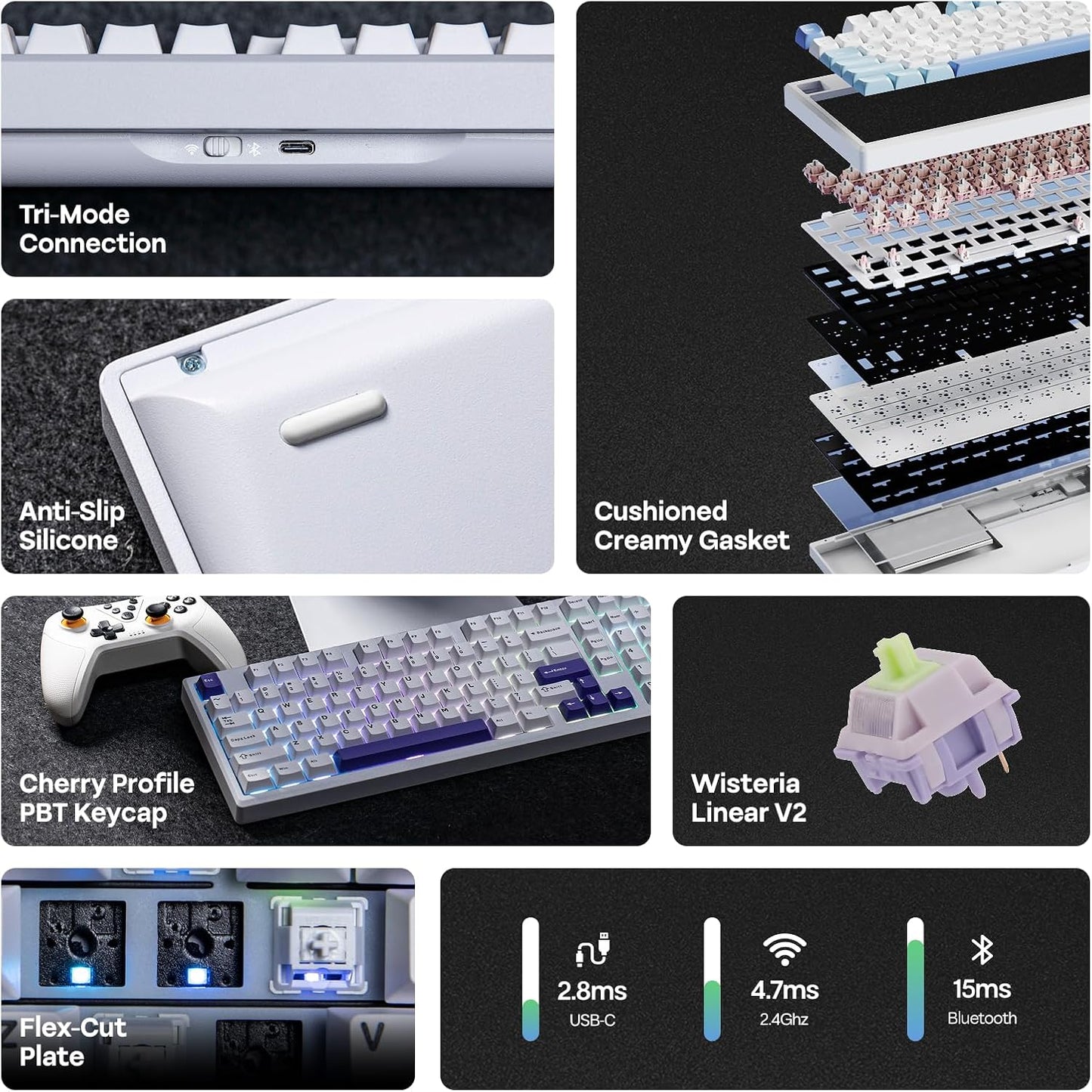 EPOMAKER Galaxy100 QMK/VIA Wireless Mechanical Keyboard with 8000mAh Battery and Numpad, CNC Aluminum, Full Size Gaming Keyboard, USB-C/BT5.0/2.4Ghz (White Purple, Wisteria Linear Switch)