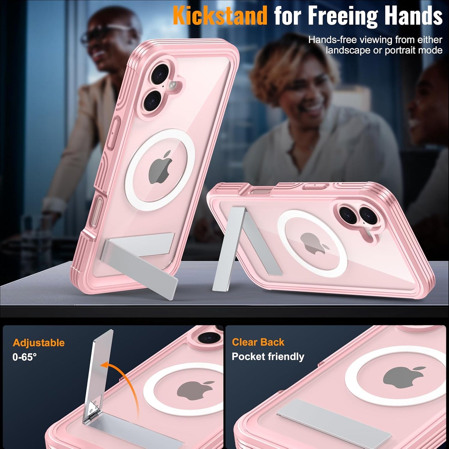 360° Protection Magnetic for iPhone 16 Case Built-in 9H Privacy Screen Protector & Metal Stand[Fit for Magsafe][Anti-Spy][Lens Protector] Heavy Duty Shockproof Phone Case for iPhone 16(Pink)