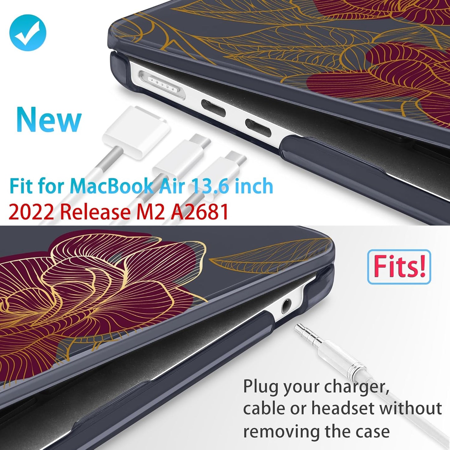 Mektron for 2025 M4 MacBook Air 13.6 Inch A3240 Case Fits 2023 A2681 M2 2024 A3113 M3 Chip with Liquid Retina Display Touch ID, Printed Plastic Hard Shell Cover for MacBook Air 13.6", Golden Rose