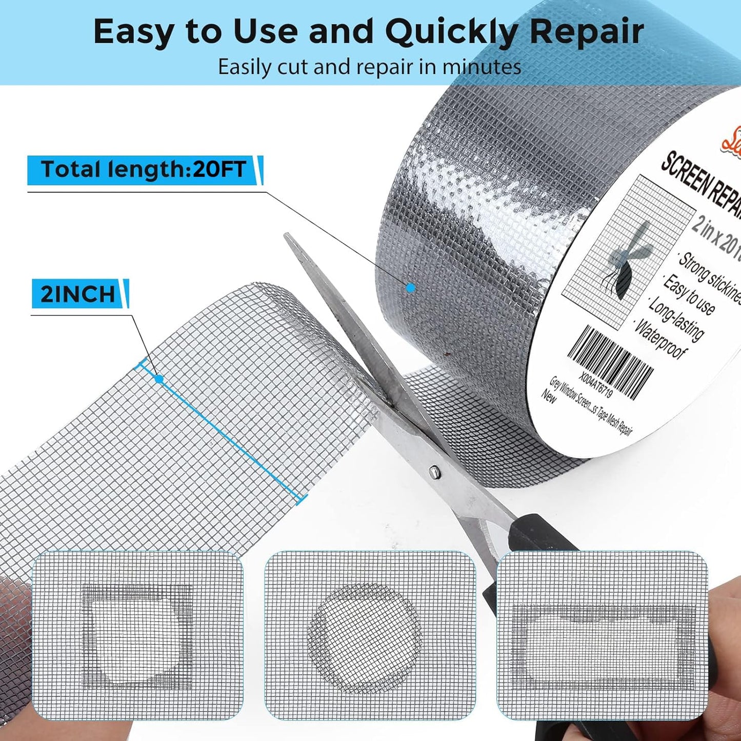 Grey Window Screen Repair Tape, 2IN X 20FT Screen Repair Kit for Windows or Doors, Strong Adhesive Fiberglass Mesh Patch Tape