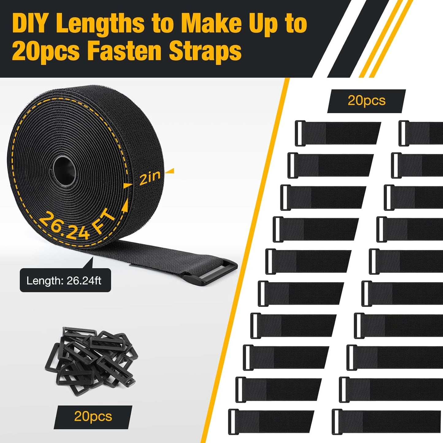 26ft x 2in Heavy Duty Cable Straps with 20pcs Plastic Buckles, Free Cut to Length Cinch Strap, Reusable & Adjustable Hook and Loop Straps for Cable Ties, Cord Organizer, Wire Management