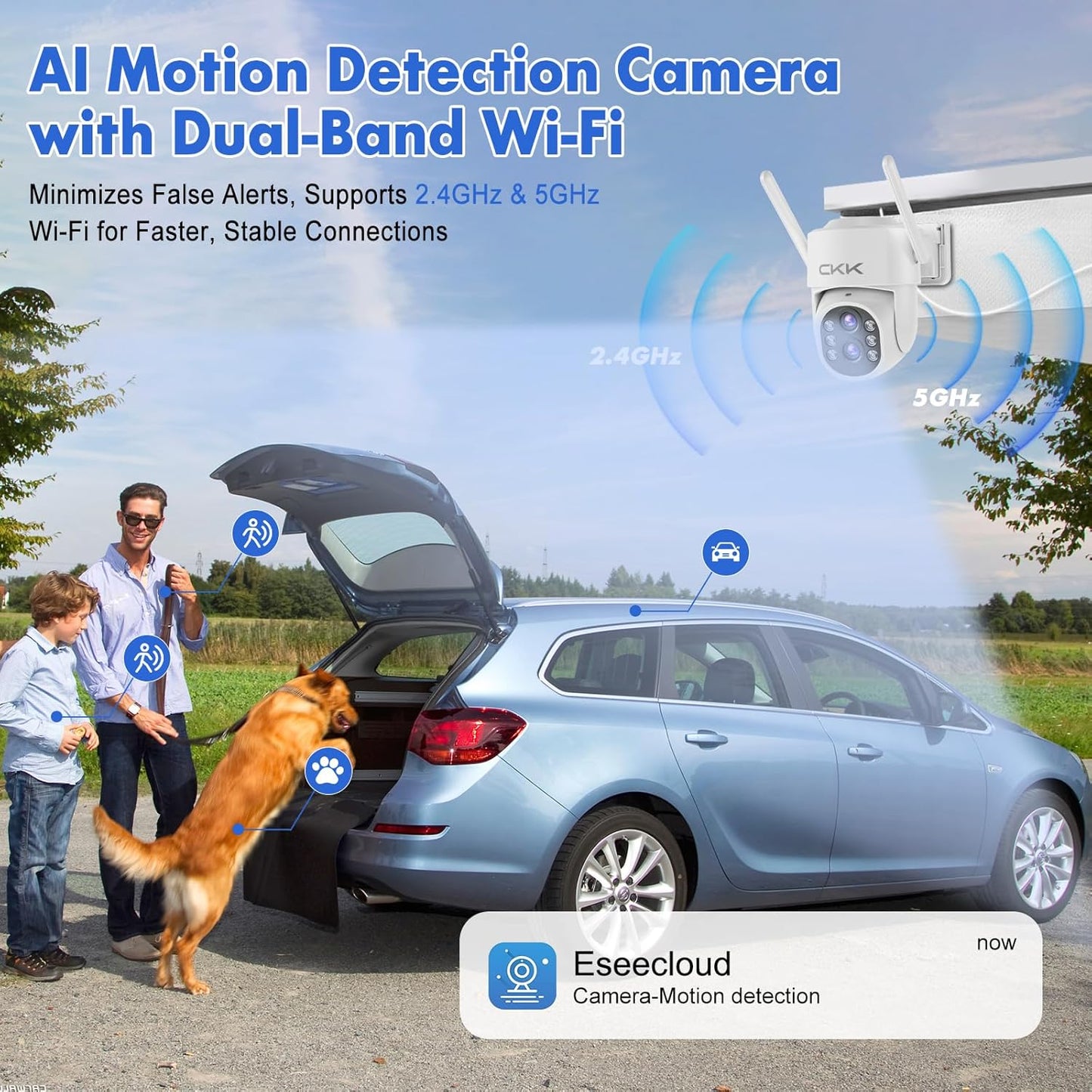 CKK 【Dual Wi-Fi, Dual Lens】 Wireless Security Camera System, 4PCS Outdoor Dual Lens PTZ Cameras Plug & Play for 24/7 Recording, AI Motion Detection/Color Night Vision, 2.4G/5G WiFi, and 1TB HDD.