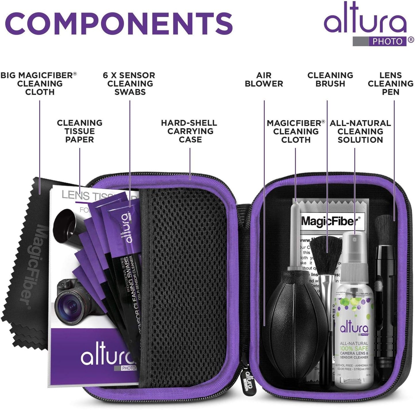 Altura Photo Professional Camera Cleaning Kit for Full Frame DSLR & Mirrorless Cameras - Lens and Sensor Cleaner - Includes Case, Spray, Swabs, Blower, Brush, Tissue Paper