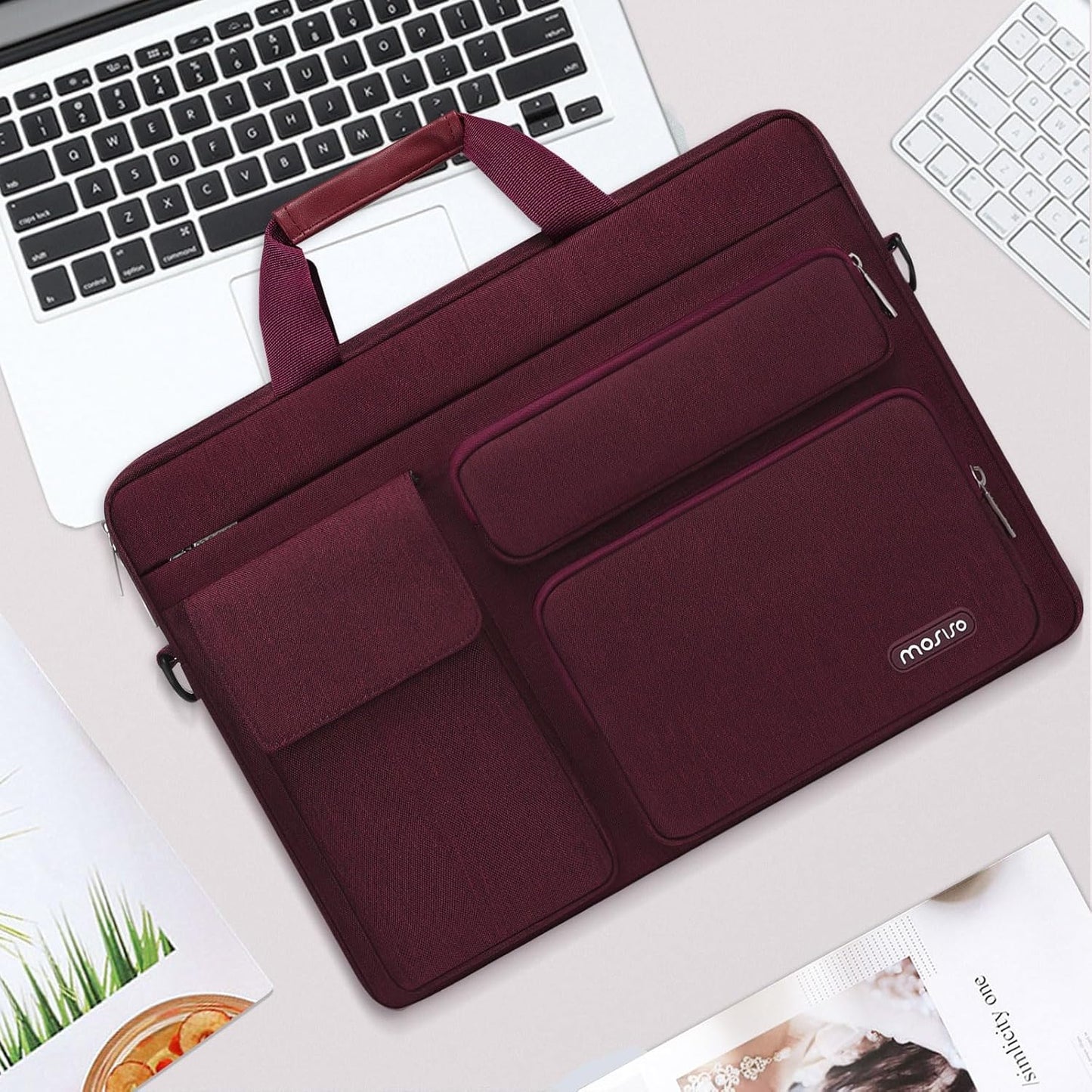 MOSISO Laptop Shoulder Bag, Computer Bag with 2 Raised&1 Flapover&1 Horizontal Pocket&Handle&Belt