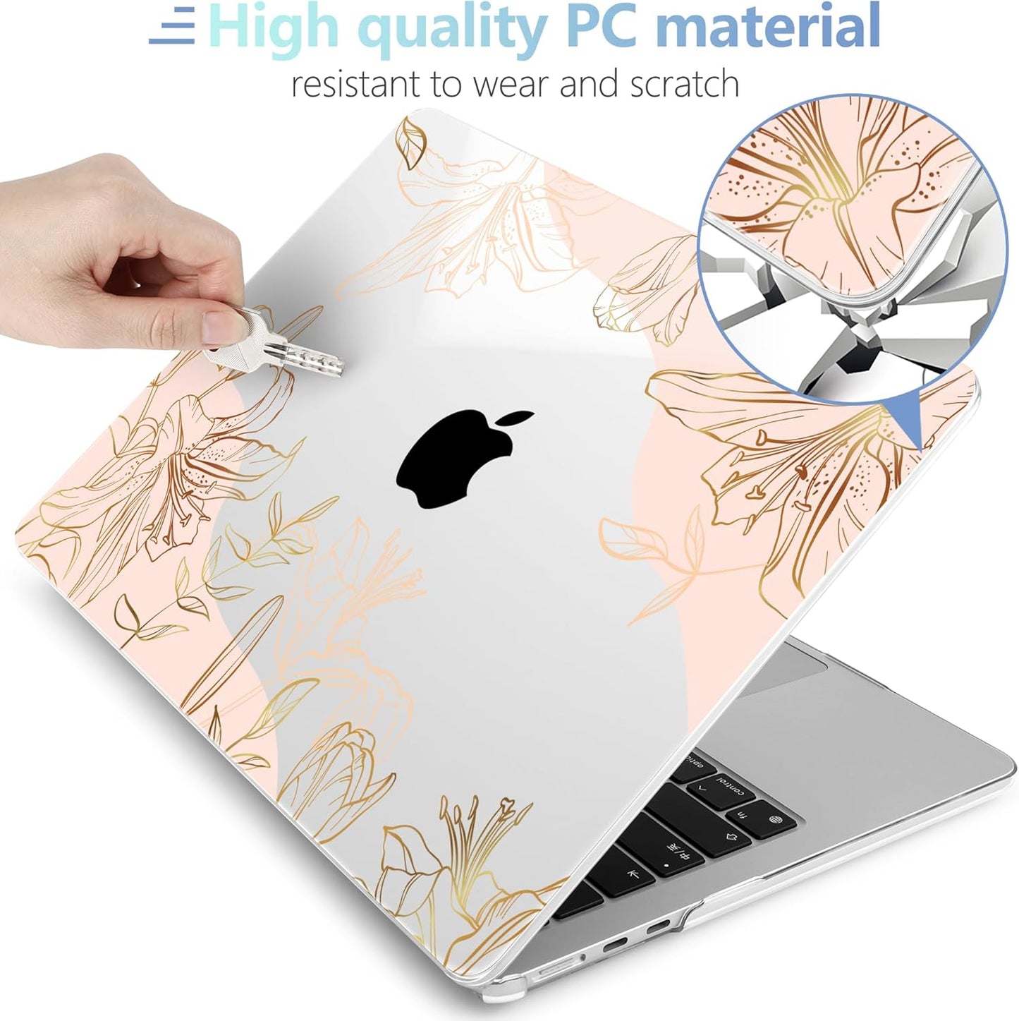 MEEgoodo for M4/M3/M2 MacBook Air 15.3 inch Case 2025 2024 2023, Case Fit Model (A3241/A3114/A2941) for MacBook Air 15 inch, Laptop Hard Shell with Keyboard Cover, Gold Flowers Lilies