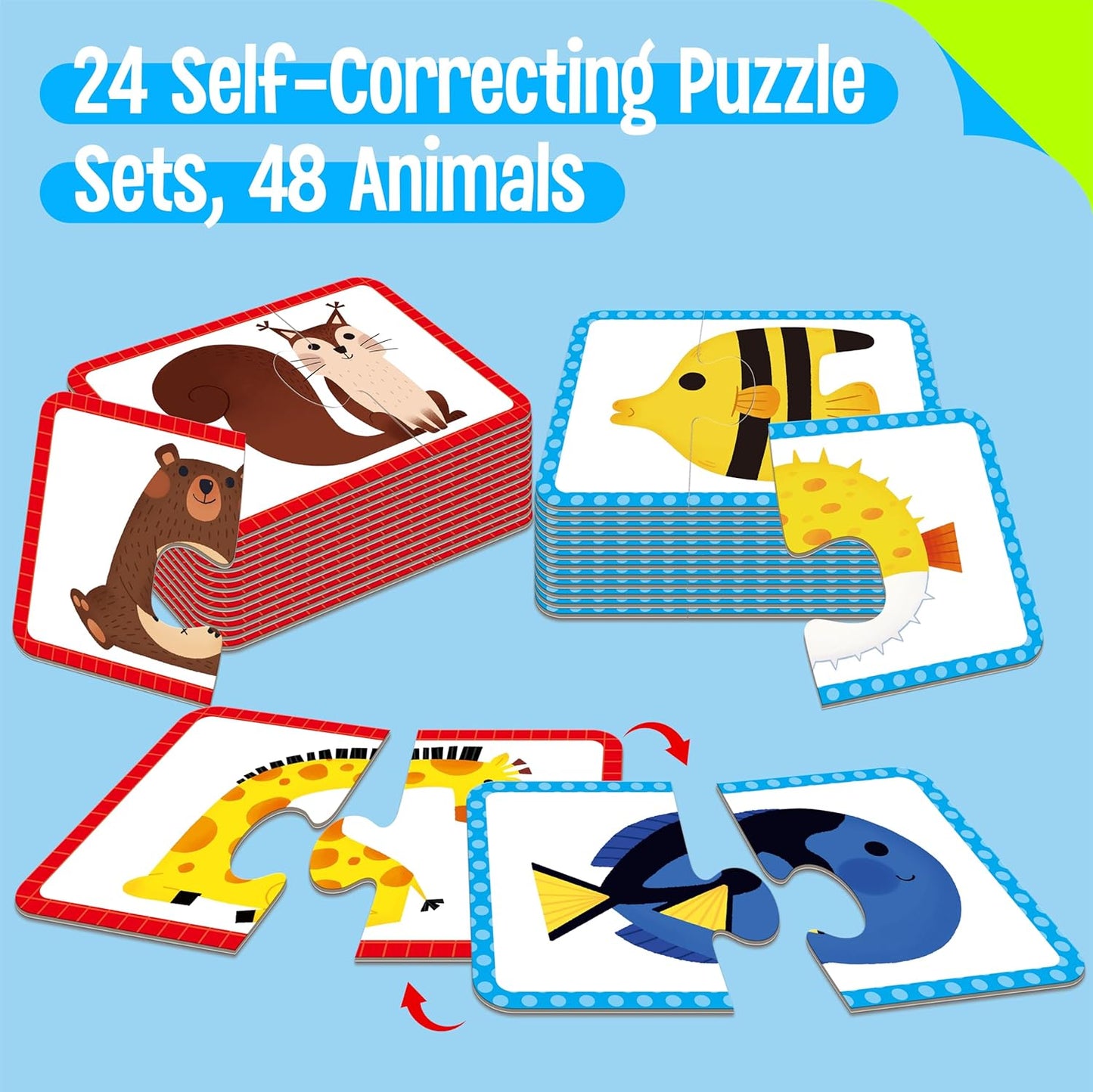 48 Animal Memory Matching Puzzles with Error-Correction, Self-Correcting Puzzle Match Game Educational Learning Activities for Toddlers Kindergarten, Animal-Themed Learning Games Toys for 3 Years Old