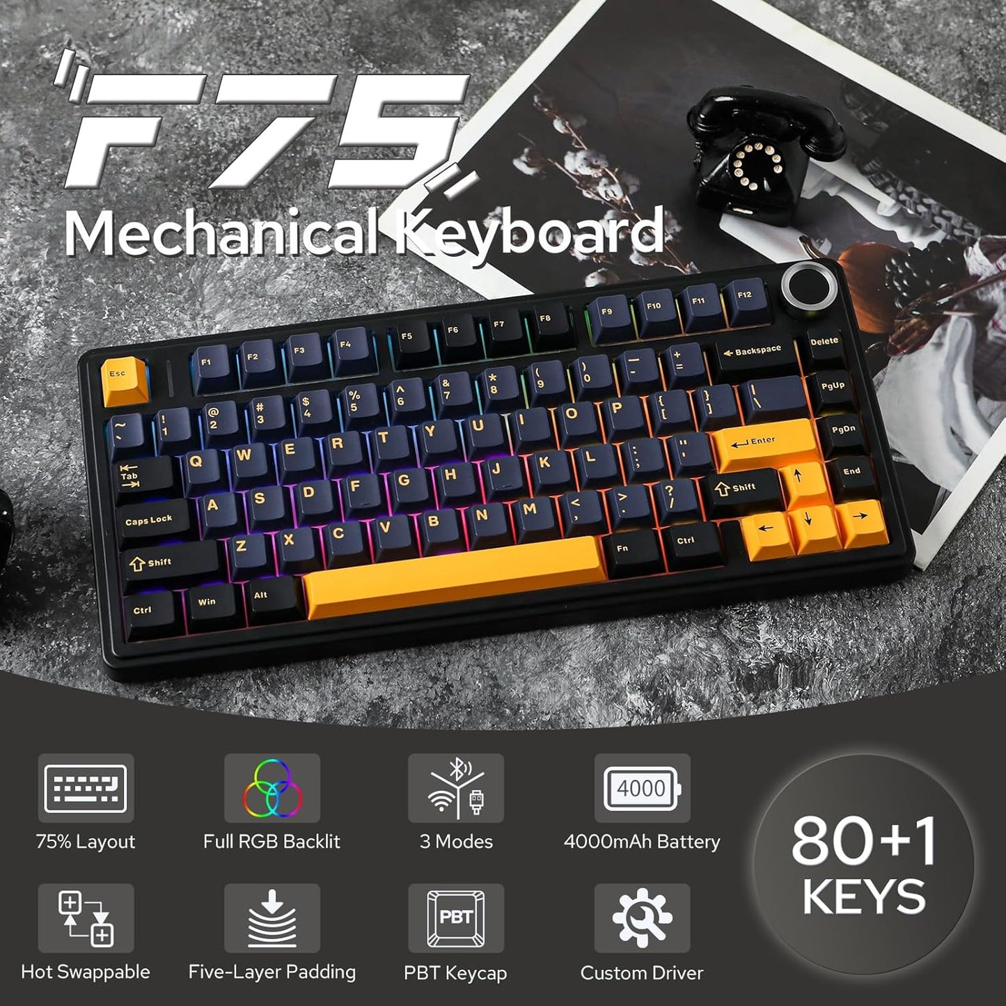 EPOMAKER x Aula F75 Gasket Mechanical Keyboard, 75% Wireless Hot Swappable Gaming Keyboard with Five-Layer Padding&Knob, Bluetooth/2.4GHz/USB-C, RGB (Black, LEOBOG Reaper Switch)
