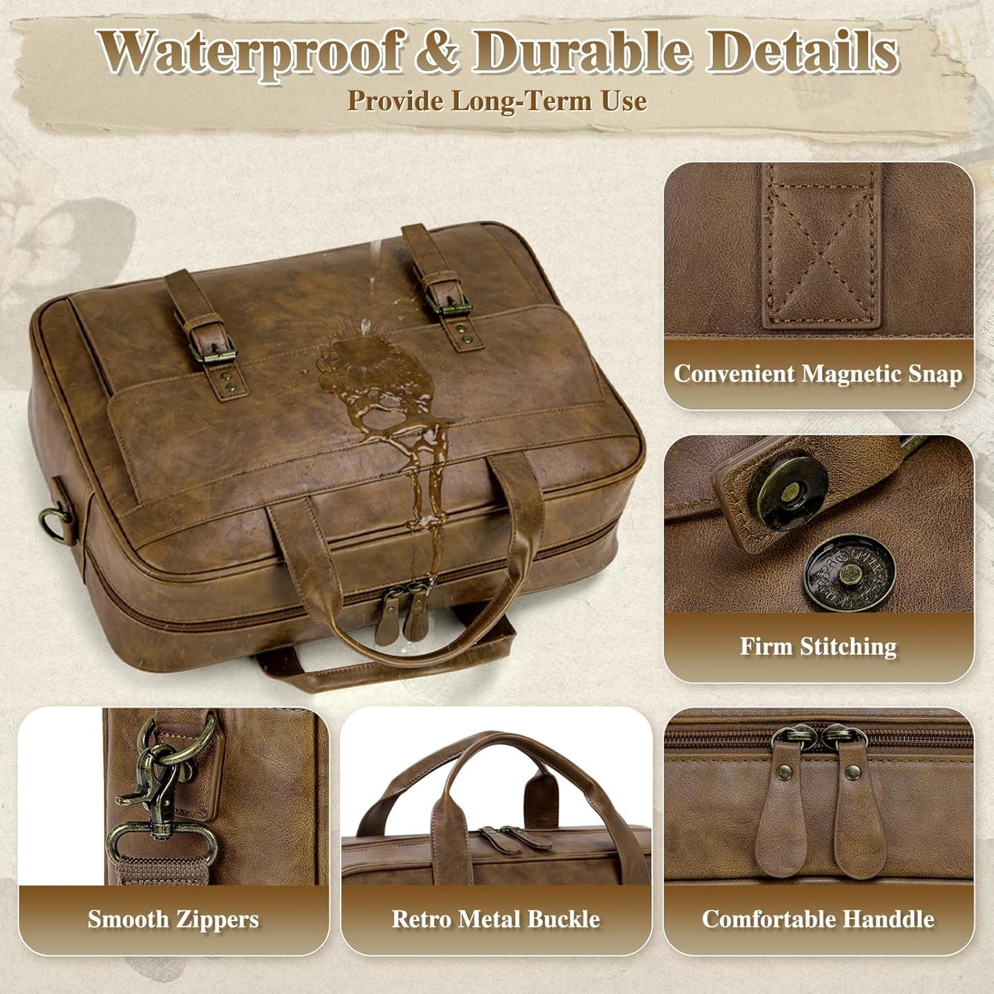 RAINSMORE Messenger Bag for Men 16 Inch Laptop Bag Vintage Leather Waterproof Laptop Briefcases Large Computer Satchel Bag