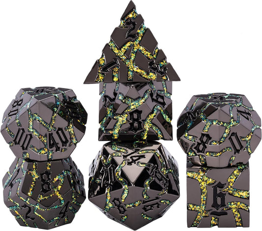 7PCS DND Dice Set,Metalli Crack Stripe Dice Set with Gift BOC,Dungeons and Dragons Polyhedral Metal Dice for RPG Board Games (Black Nickel Yellow)