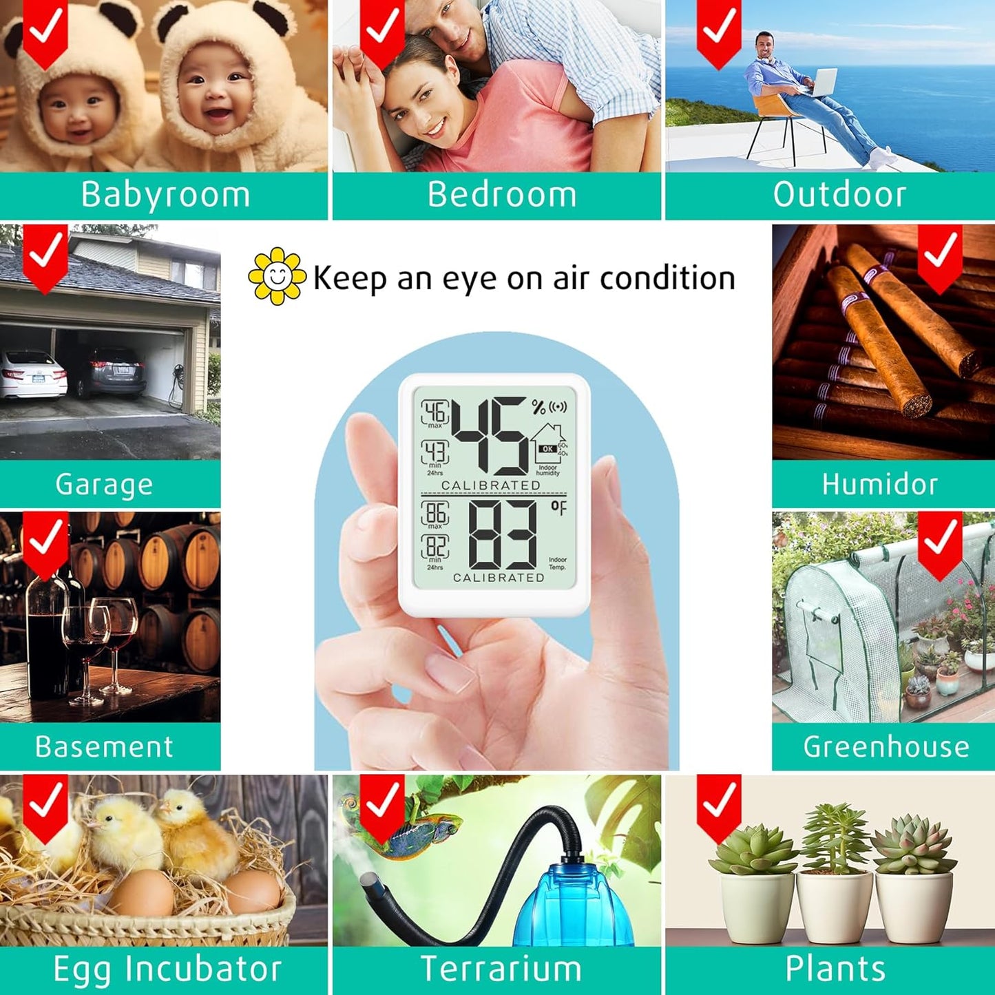 Antonki 2-Pack Room Thermometer, Digital Small Hygrometer Indoor Thermometer Humidity Gauge, Temperature Humidity Meter with Max/Min Record Monitor Sensor for Home, Plants - Battery Included