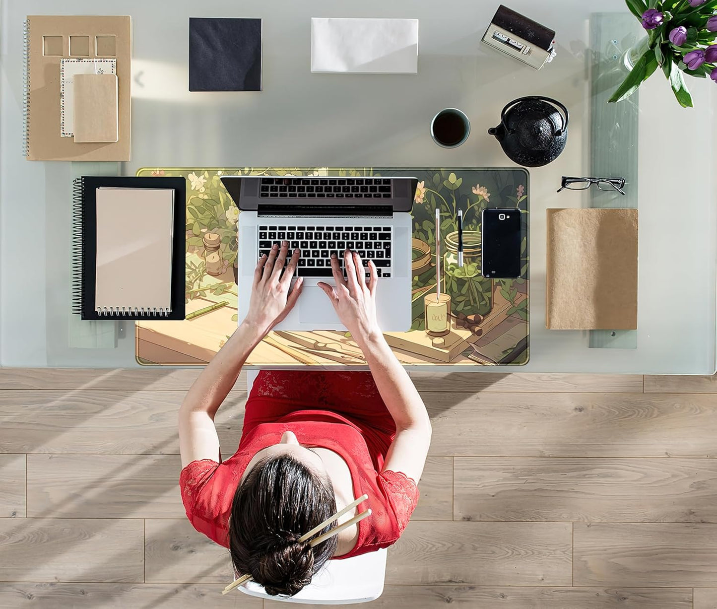 Cute Desk Mat Green Sage Mouse Pad Anime Forest XXL Large Extended Gaming Mousepad Desk Matt for Desktop Computer Pad Mat, Laptop Keyboard Mouse Mat Office Decor Accessories for Women, 31.5x15.7 in