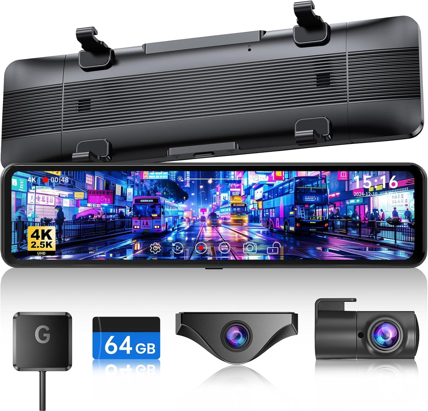 JOMISE T860+ Mirror Dash Cam 4K Front and 2.5K Rear, Detached Front Camera for 10-Minute Install, 3X Zoom Rear View Mirror Camera, 64GB Card Included, Night Vision, WDR, Parking Assist, GPS