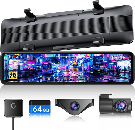 JOMISE T860+ Mirror Dash Cam 4K Front and 2.5K Rear, Detached Front Camera for 10-Minute Install, 3X Zoom Rear View Mirror Camera, 64GB Card Included, Night Vision, WDR, Parking Assist, GPS