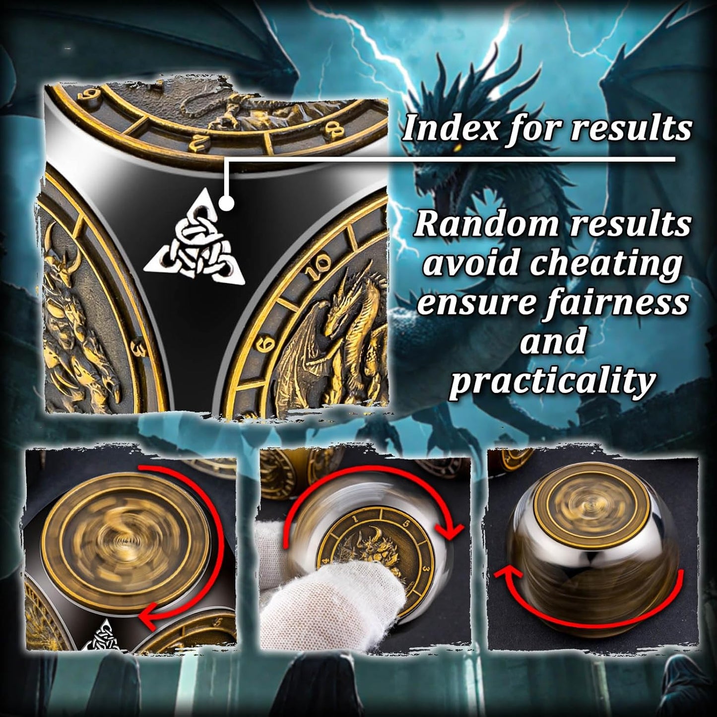 7 in 1 D6 Spinner DND Dice Set D&D, Metal Cube D and D Dice with Gift Box, Dungeons Dragons Role Playing Dice, Black Gold