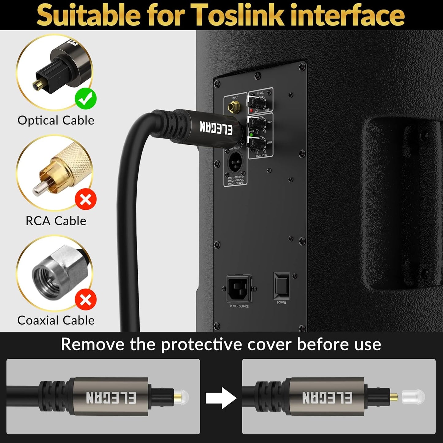 Elecan Optical Audio Cable 30 Ft Digital Audio Toslink Cable Cord-Fiber Optic-Gold Plated-Flexiable&Durable-for Home Theater,Sound Bar,PS4&Xbox-with 4 Right Angled and Mini Toslink Adapters+Ties