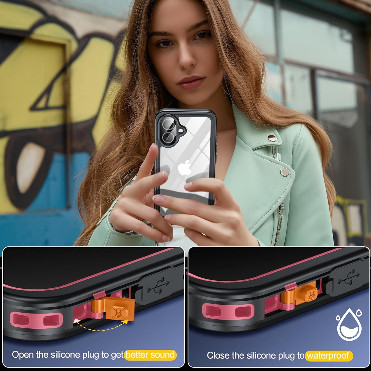 for iPhone 16 Case Waterproof, Built-in Privacy Screen & HD Screen Double Front Frame [IP68 Underwater] Shockproof Dustproof Full Body Protection iPhone 16 Phone Case Pink