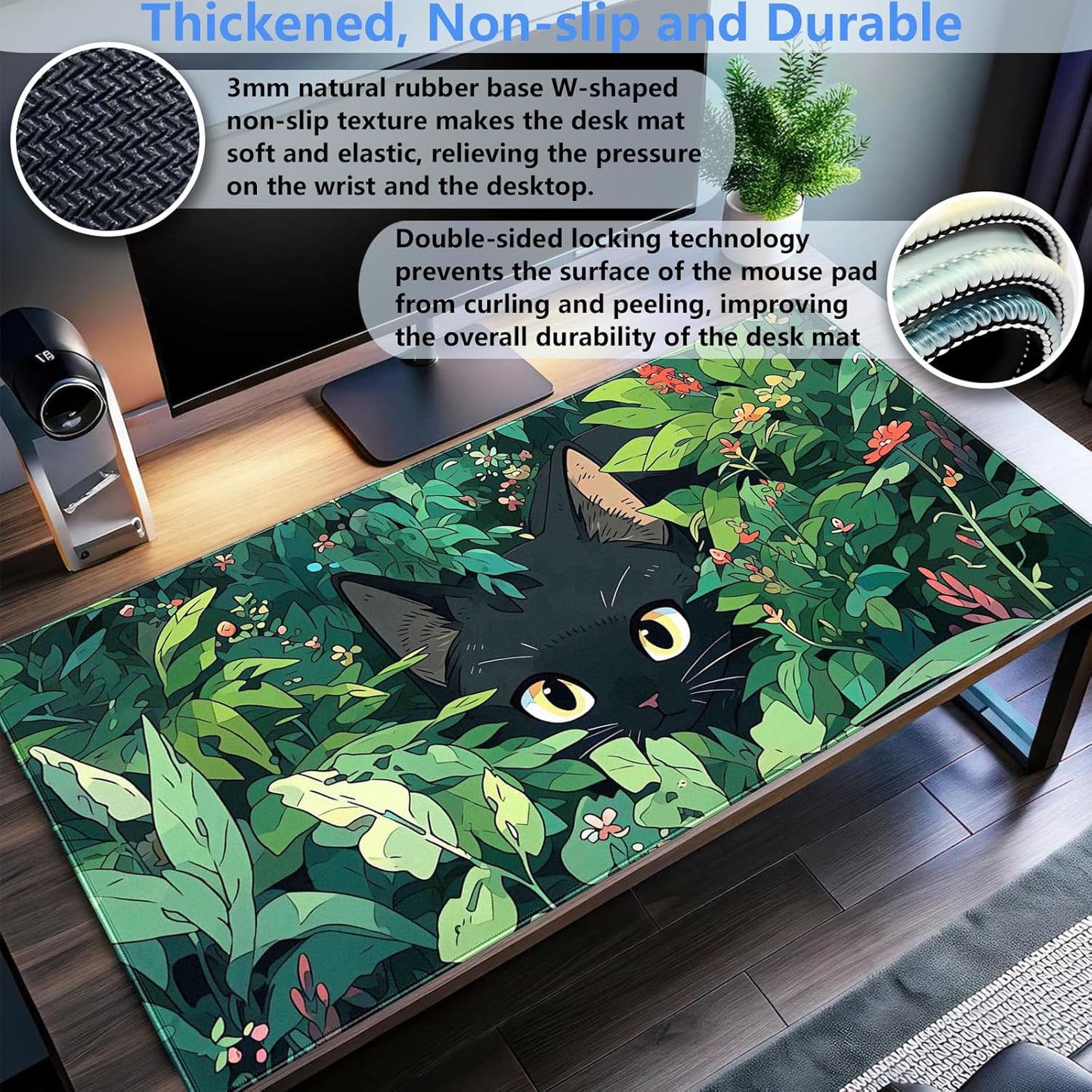 Black Cat Mouse Pad Cute Gaming Mousepad XL Kawaii Computer Mat 31.5 x 15.7 in Full Desk Mouse and Keyboard Pad Green Desk Mat with Stitched Edge Anti-Slip Washable for Office and Home