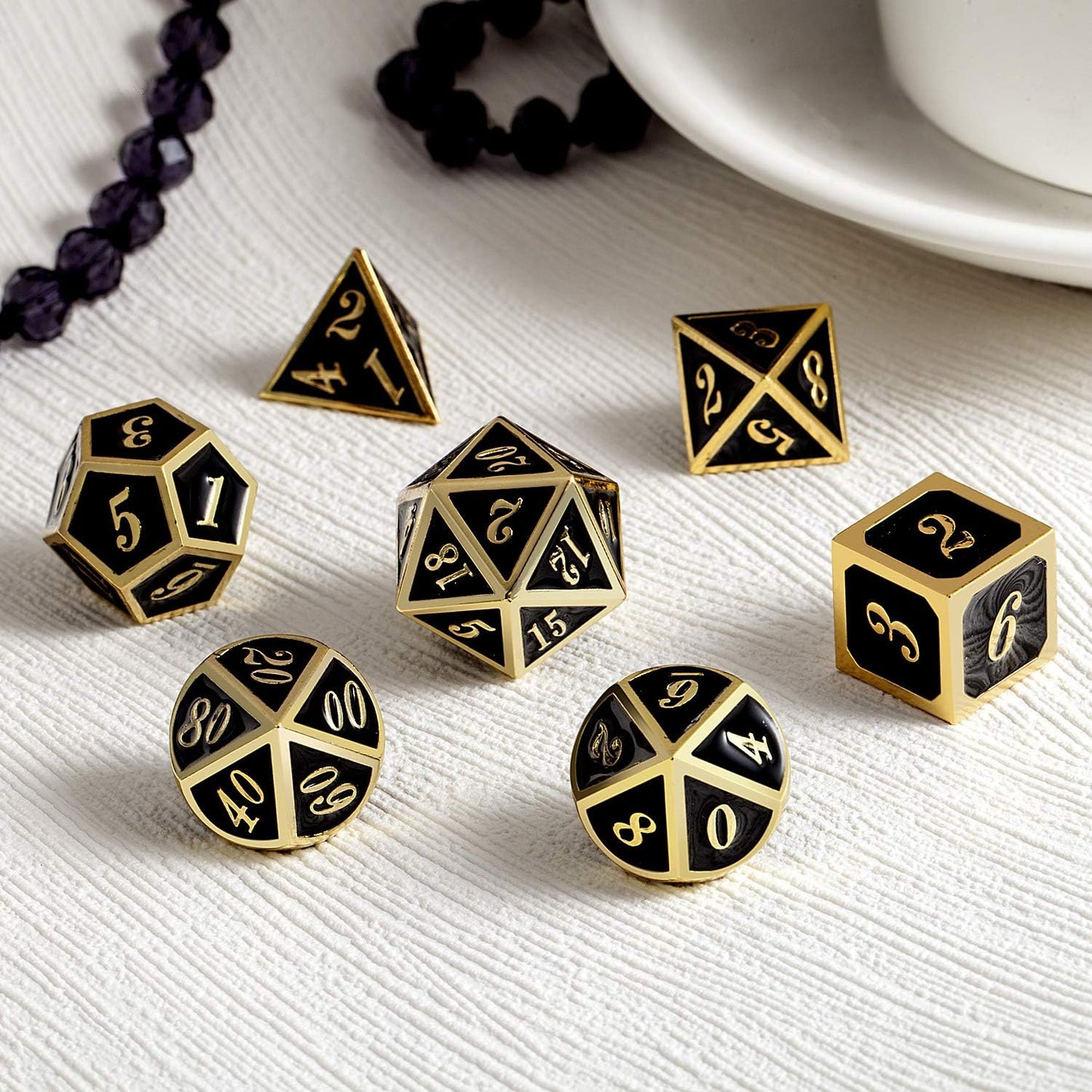 DNDND Metal Dice Set D&D, 7 die Metallic Polyhedral Dice Set with Gift Metal Box and Gold Number for DND Dungeons and Dragons Role Playing Games (Black and Gold)