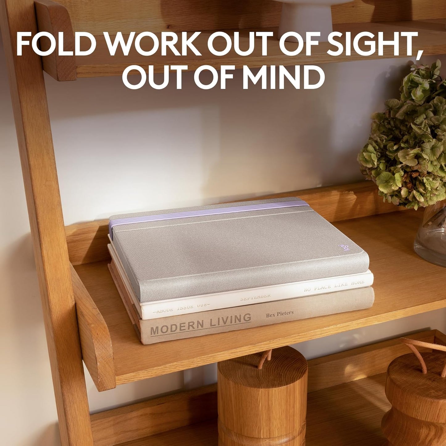 Logitech Casa Pop Up Desk Kit - Adjustable Laptop Stand for Desk, Wireless Keyboard & Touchpad, Bluetooth, USB C Charging, Nordic Calm, Tan/Purpl