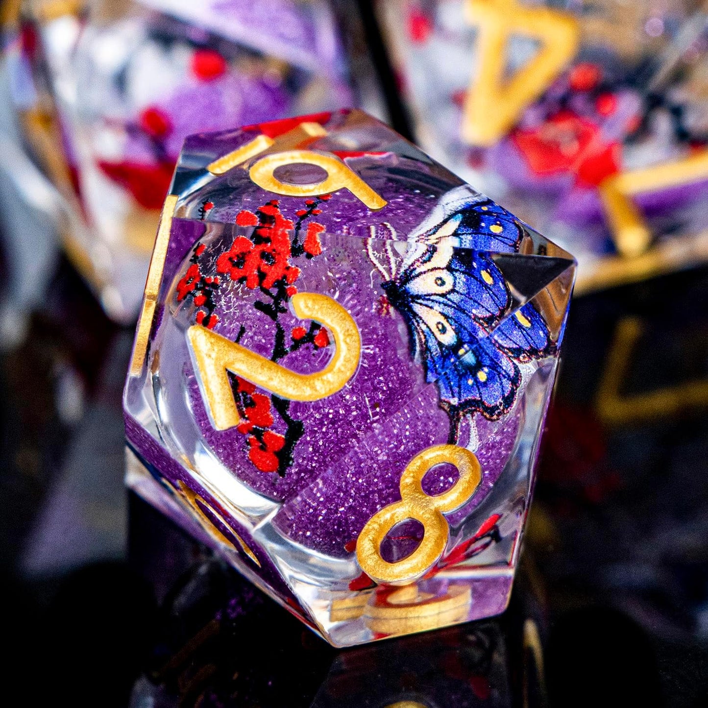 Butterfly DND Dice Purple Liquid Core Dice Set with Metal Box, Handmade Sharp Edge D and D Polyhedral Dice for use with D&D Role Playing Game, D20 D12 D10 D8 D6
