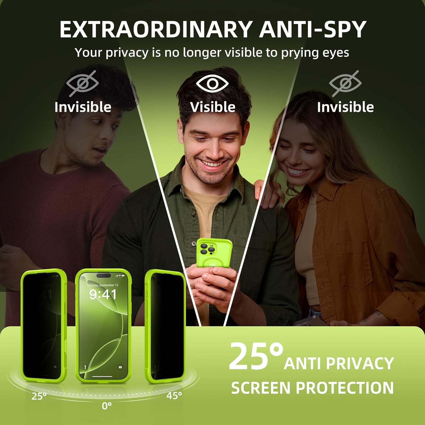 BERFY Magnetic for iPhone 16 Pro Case, Compatible with MagSafe, Built-in Privacy Screen Protector and Upgraded Camera Protection, Anti-Spy Full Body Shockproof Phone Case for 16 Pro 6.3", Bright Green