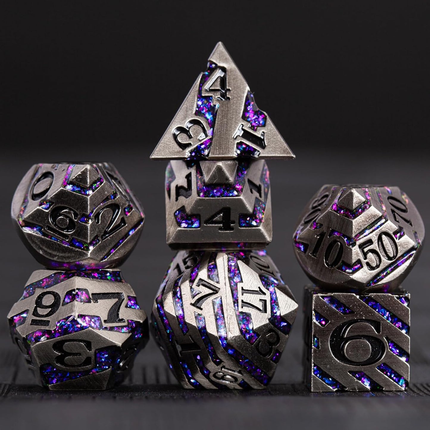 DND Metal Stripe Dice Set,7 PCS Polyhedral RPG Dice Set with Gift Case for Dungeons and Dragons (Antique Nickel Purple)