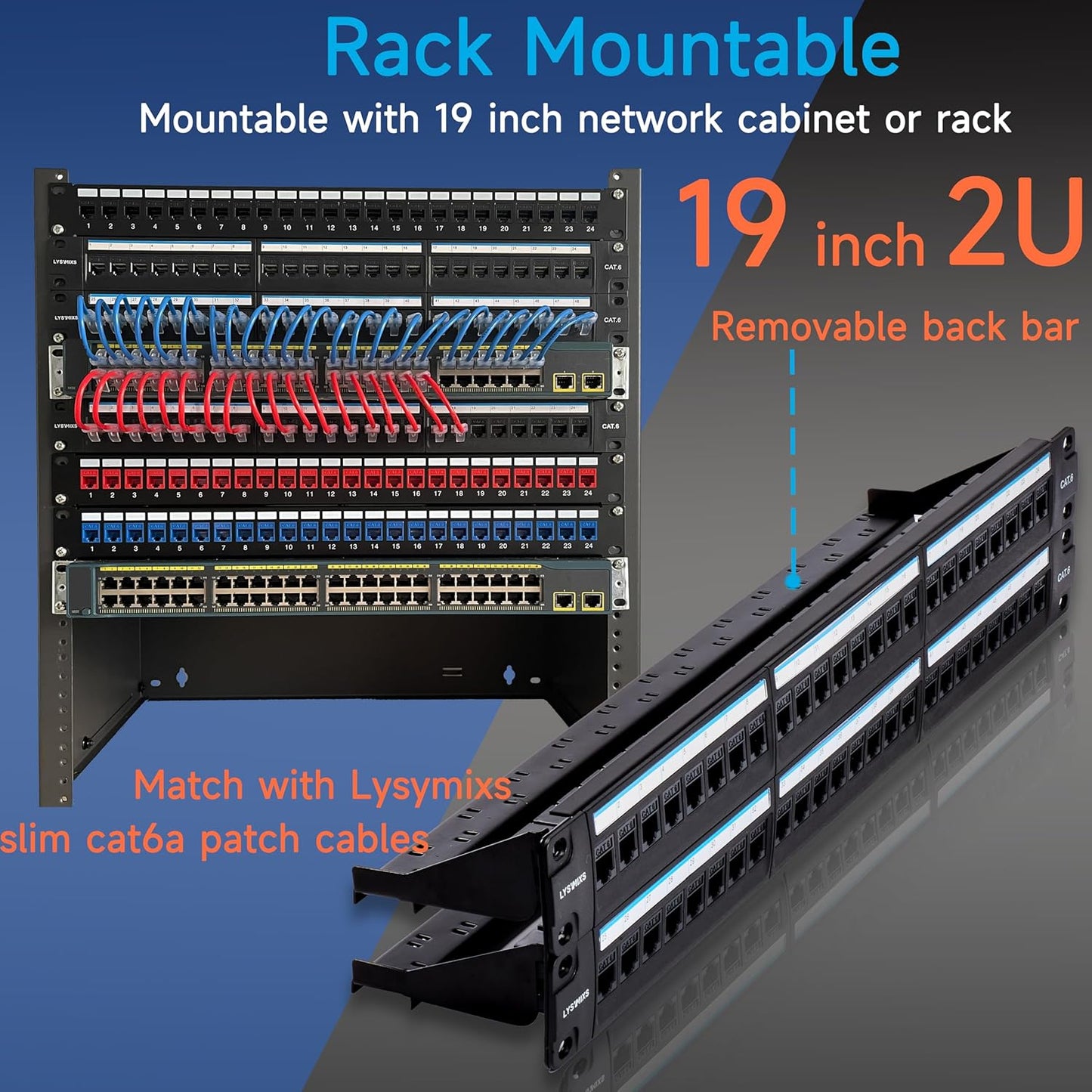 48 Port RJ45 Cat6 Patch Panel, 19 Inch, Black, Easy Install & Repair, Gold Plated Keystone, Rack Mountable